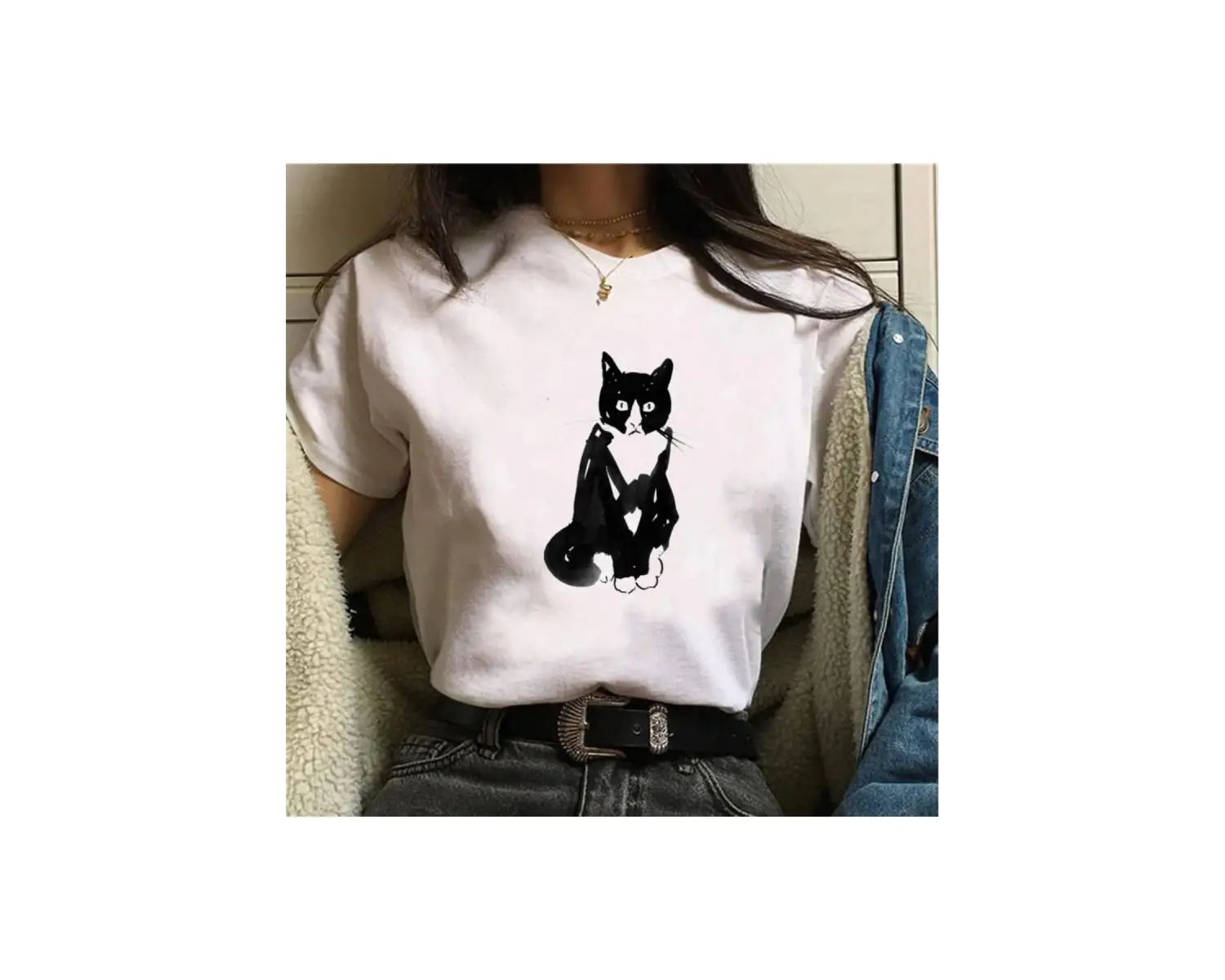 Beyaz Güzel kedi lar için siyah kedi baskı harajuku lar için