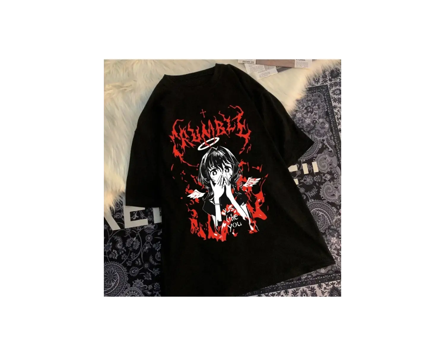 Beyaz Harajuku Gotik Punk Karikatür Yuvarlak Boyun Yaz Ulzzang Hip-Hop Gev