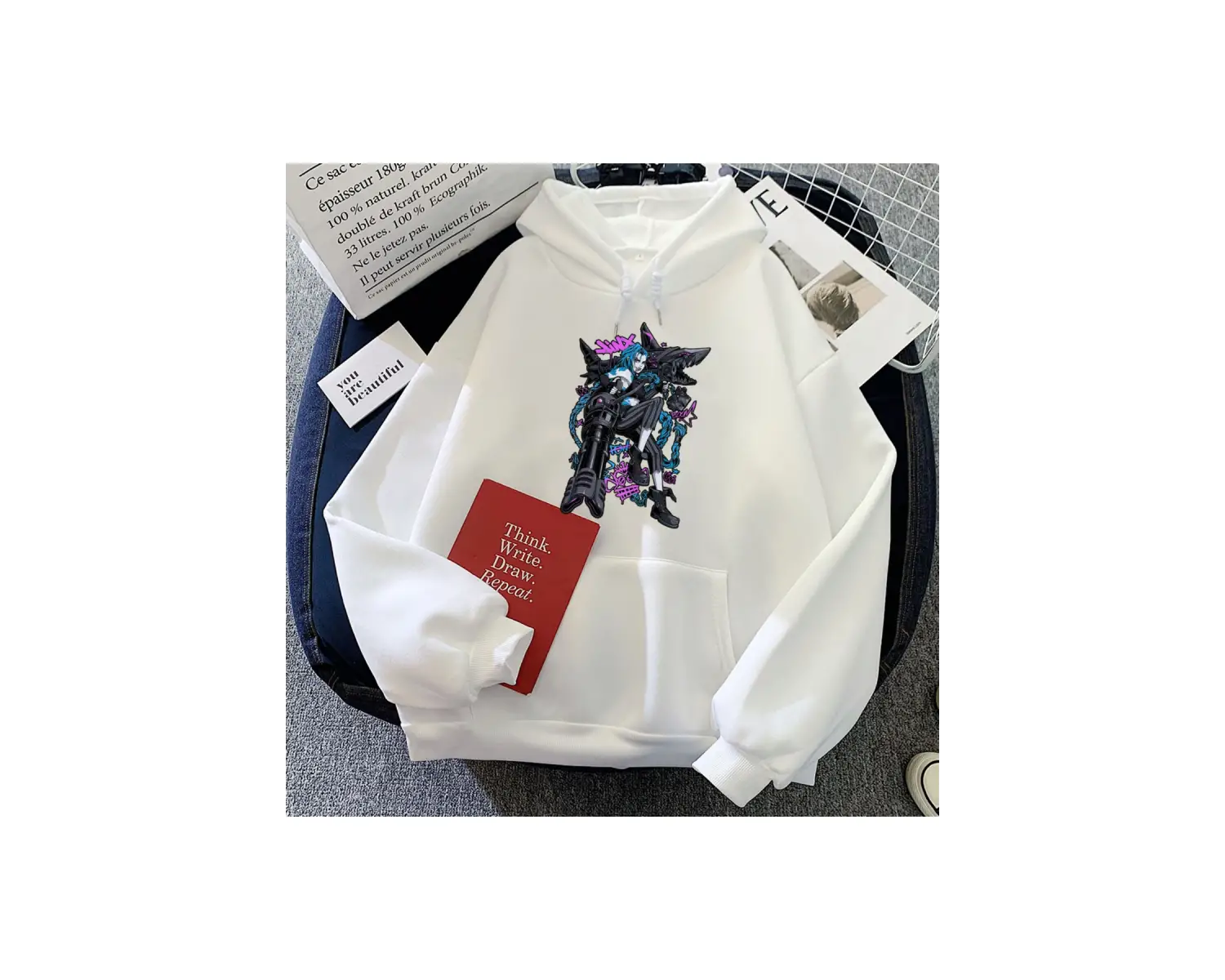 Beyaz Hoodie Jinx Arcane Game Printing Hooded Winter Fleece Sudadera Mujer Casual