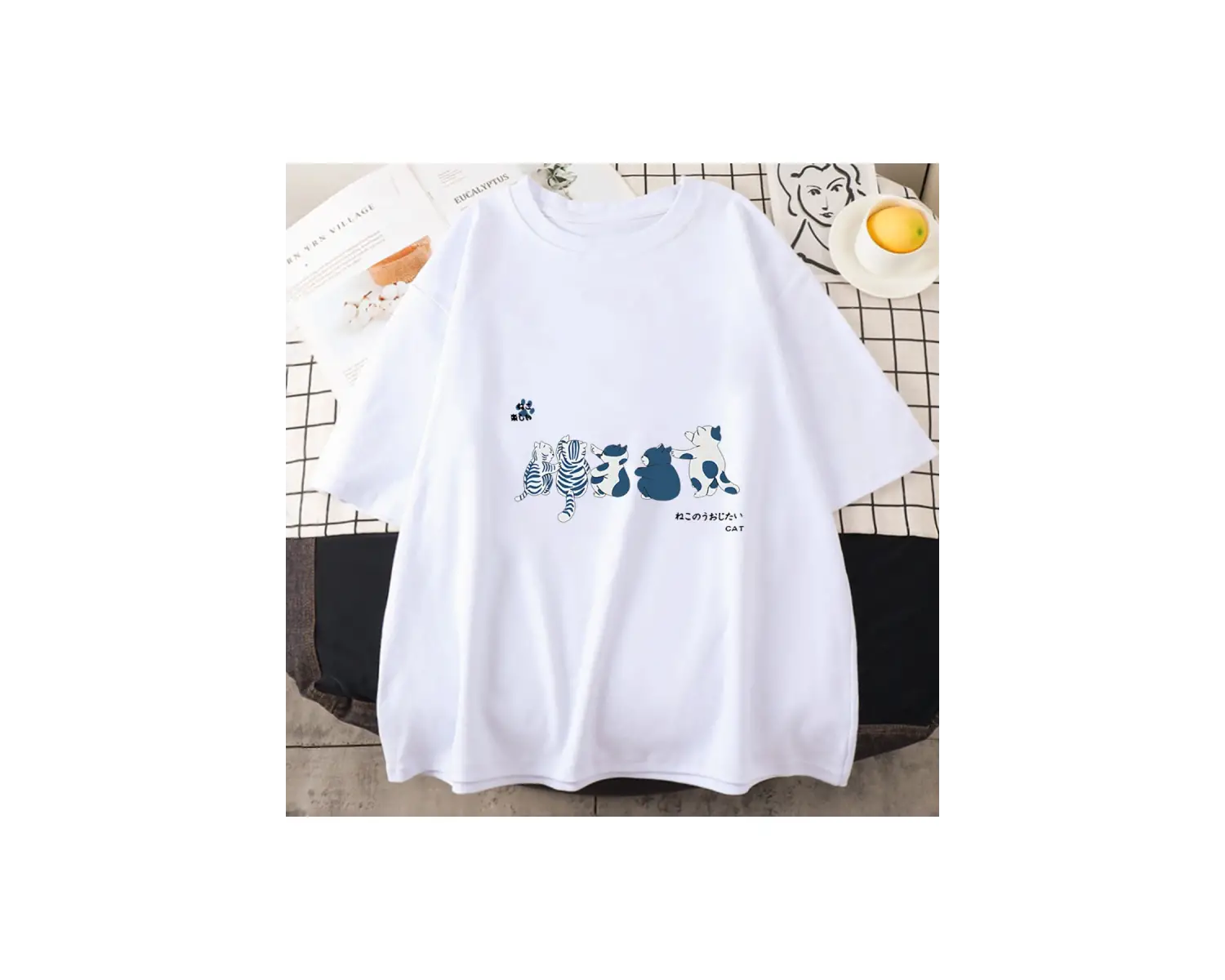 Beyaz Japon Kanji Kedi Karikatür Kawaii Baskı Üstleri Komik Sevimli Harajuku Yaz