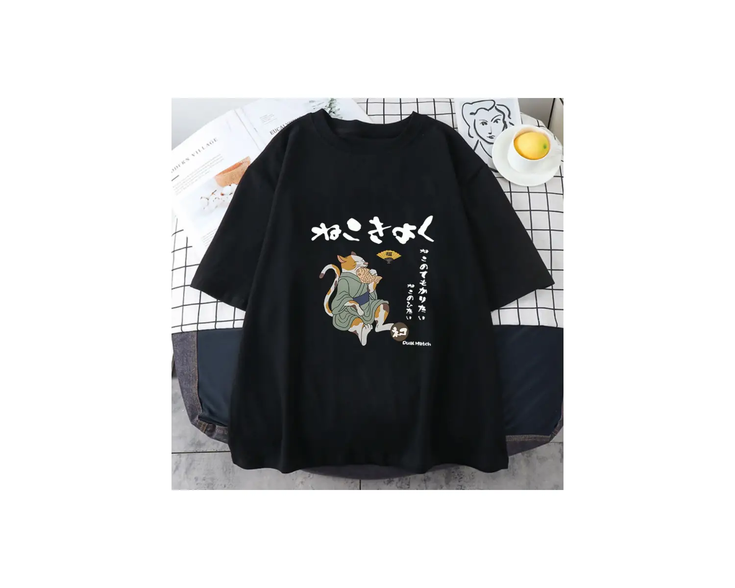 Beyaz Japon Kanji Kedi lar için Baskı Hayvanlar Yaz Kawaii T Göm