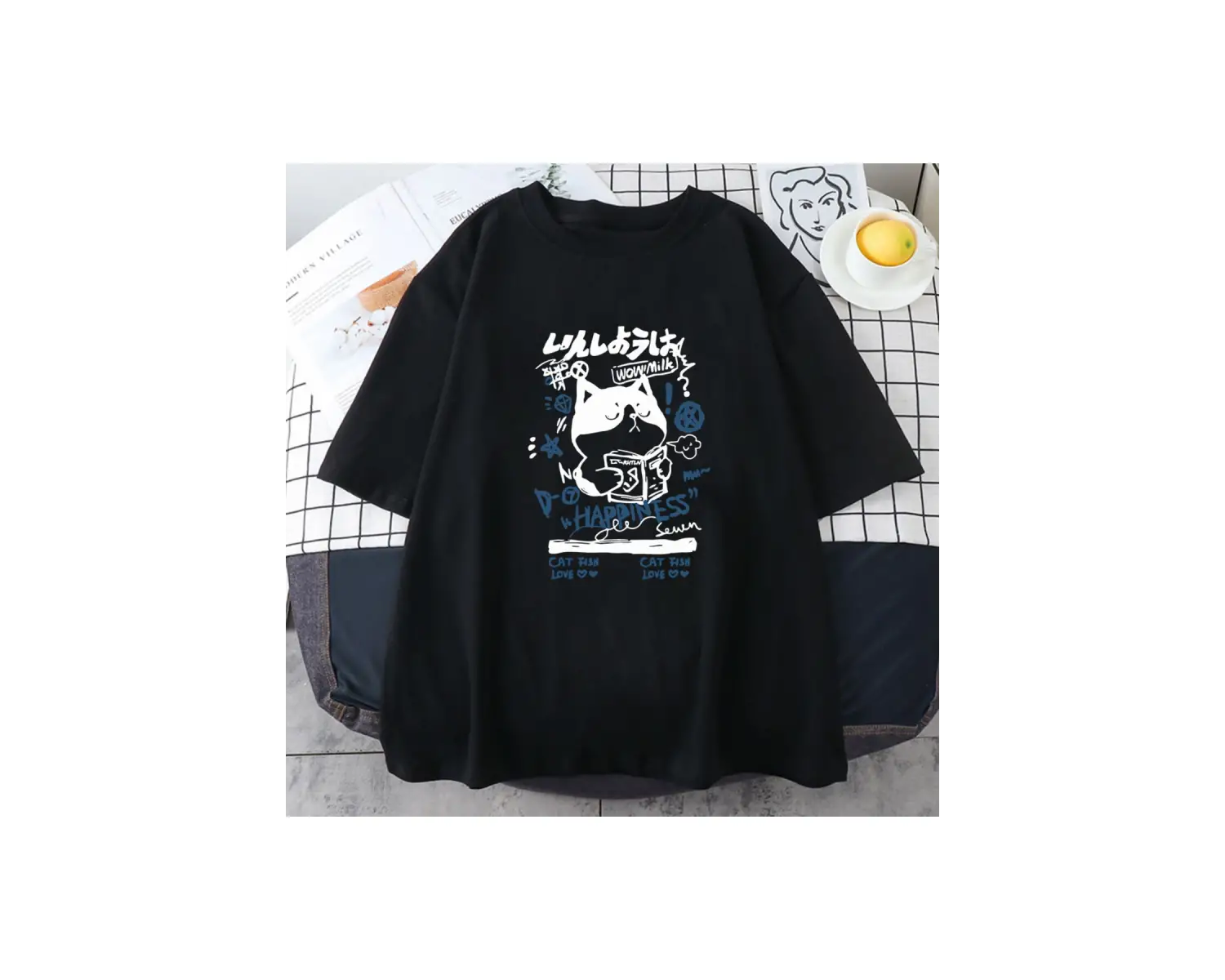 Beyaz Japon Kanji Kedi luKawaii Grafik Baskı Tees