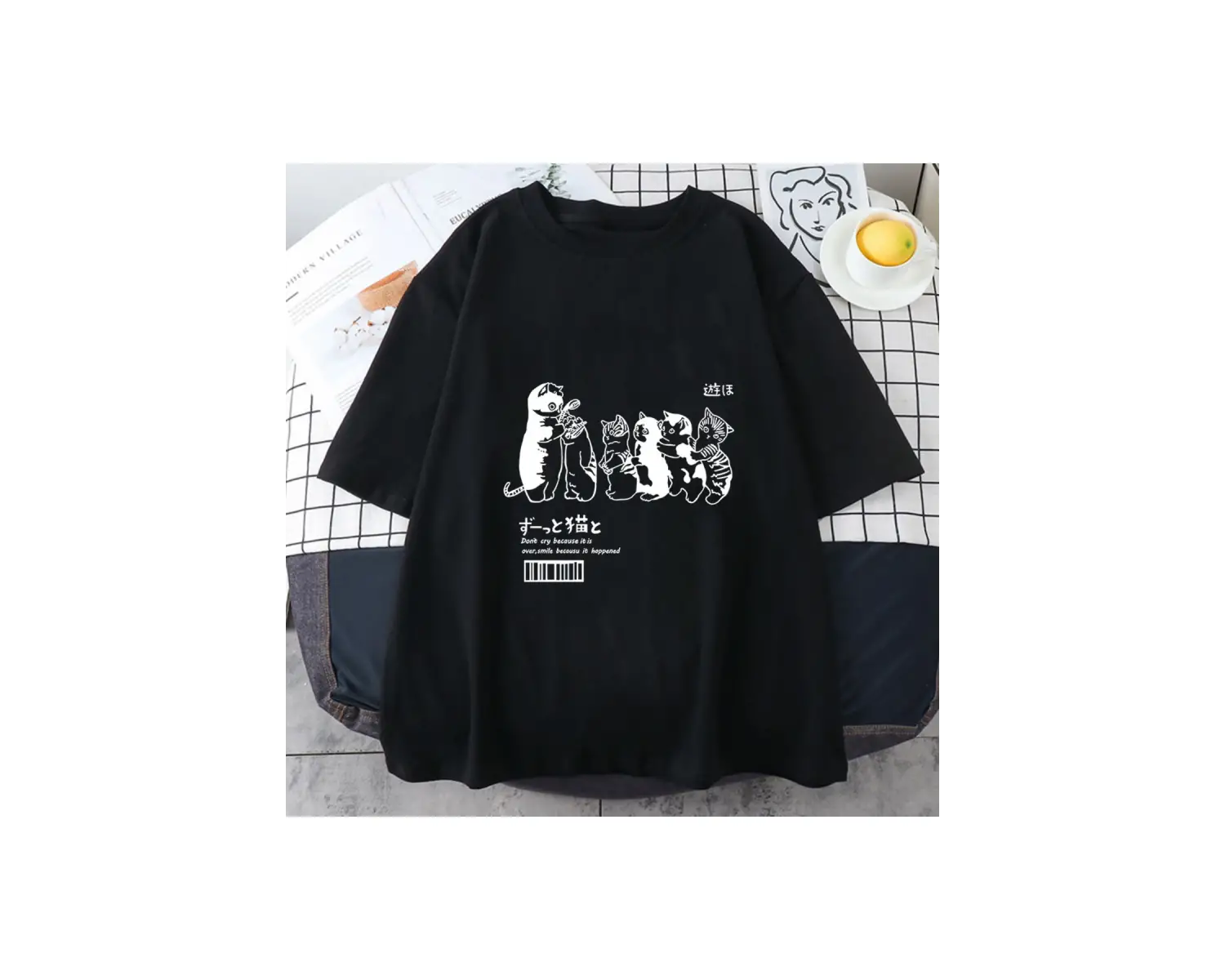 Beyaz Japon Kanji Kedi T Üstleri Yaz Çiftler Ge