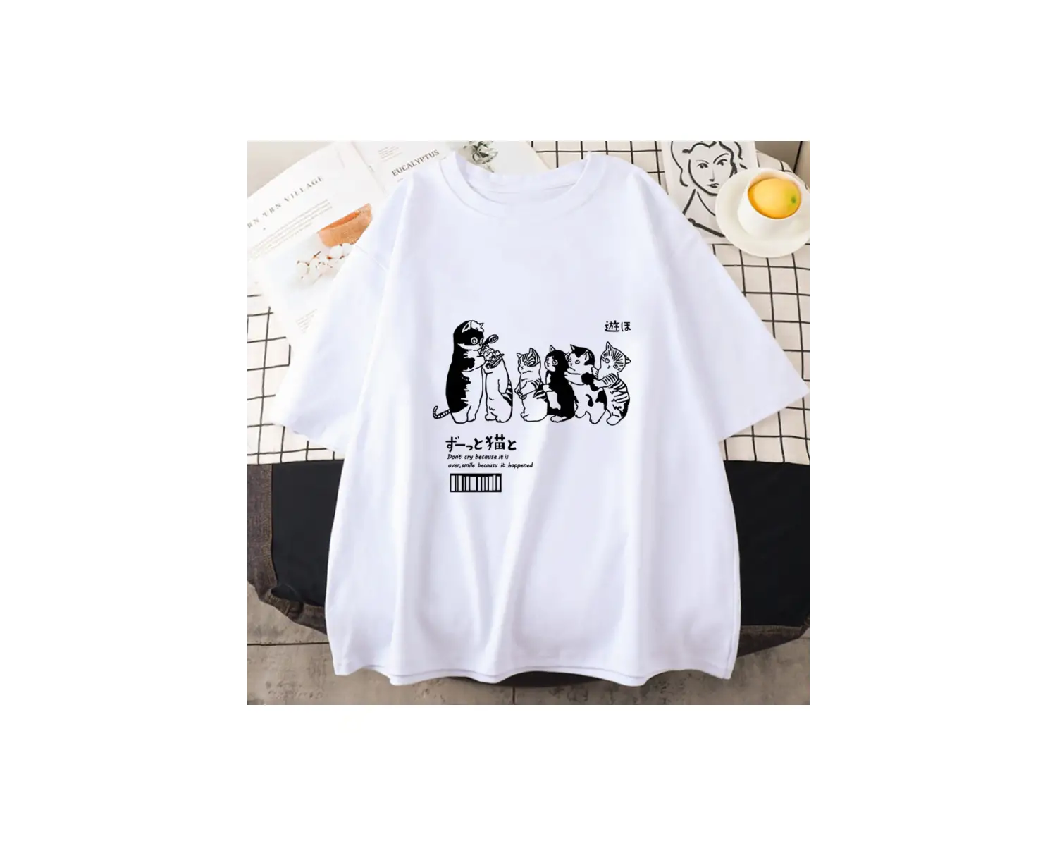 Beyaz Japon Kanji Kedi T Üstleri Yaz Çiftler Ge