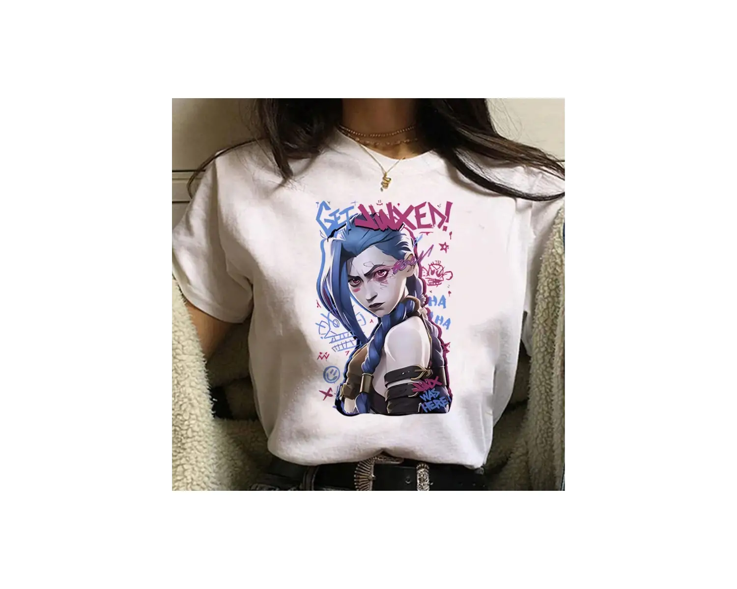 Beyaz Jinx Arcane Maymun Anime Cosplay Tees Unisex Grunge Estetik Ka