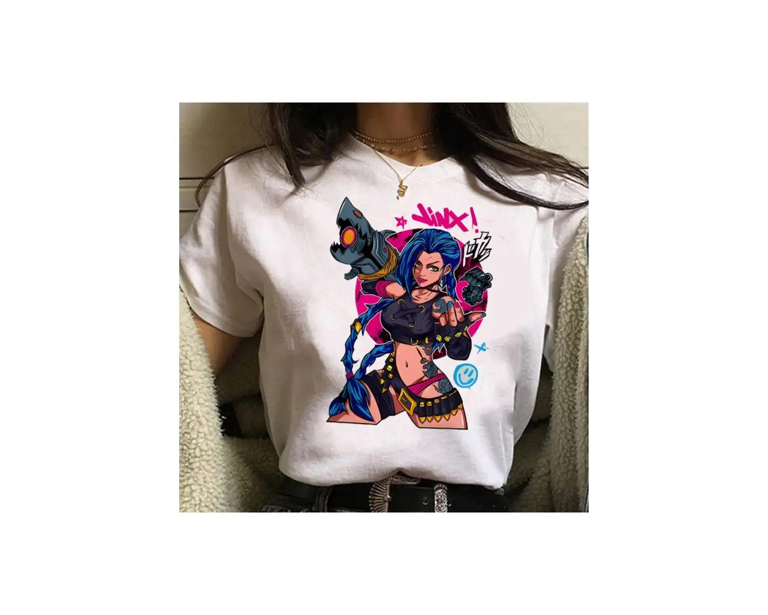 Beyaz Jinx Arcane Maymun Anime Cosplay Tees Unisex Grunge Estetik Ka