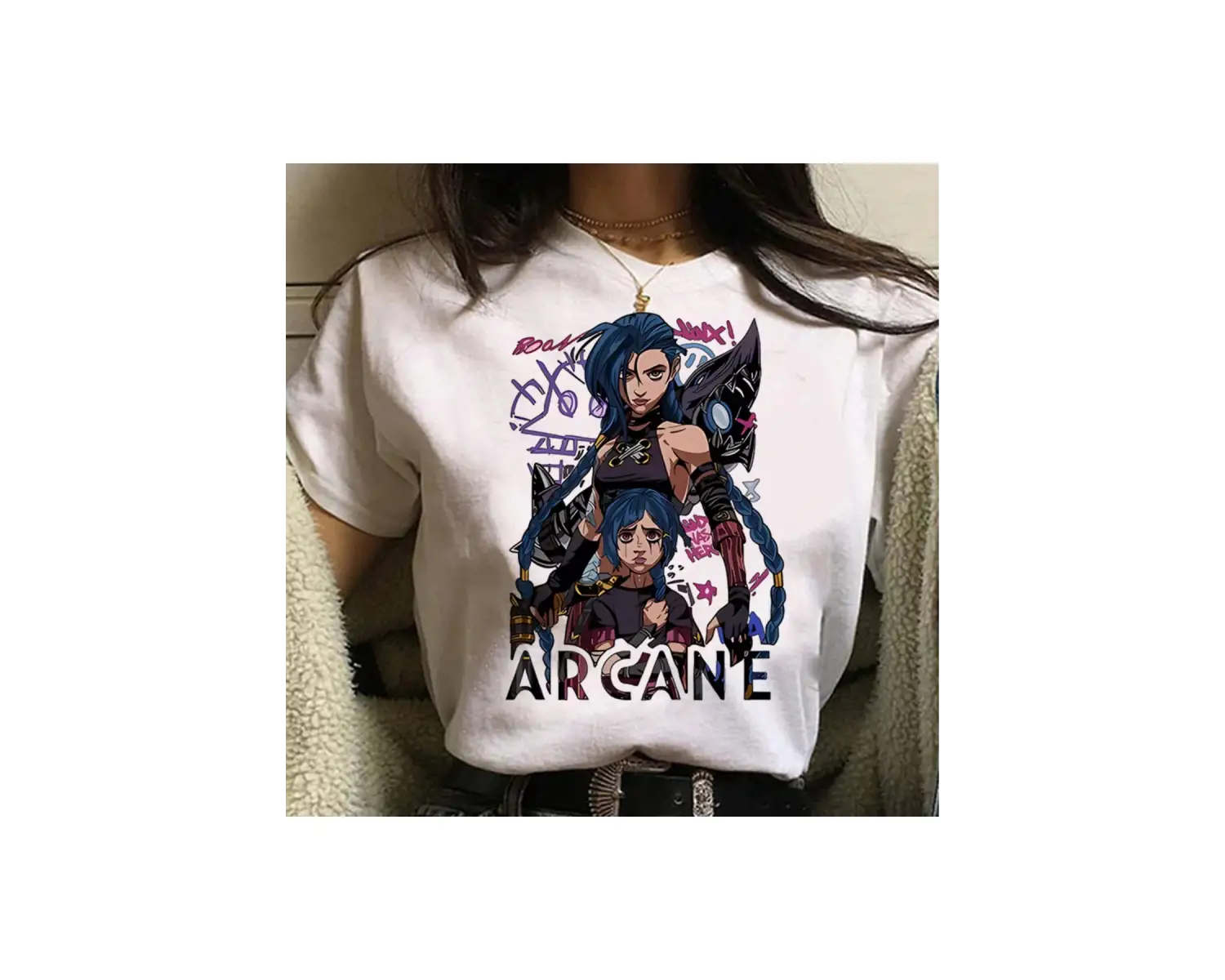 Beyaz Jinx Arcane Maymun Anime Cosplay Tees Unisex Grunge Estetik Ka