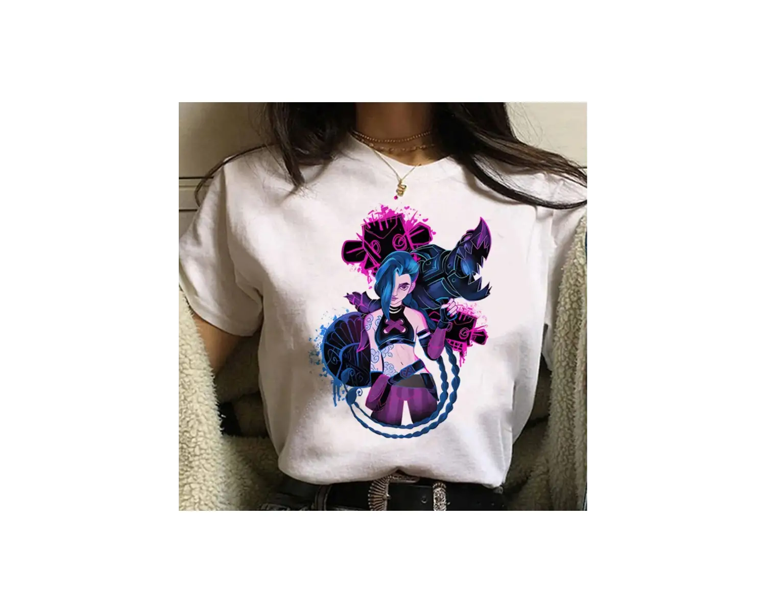 Beyaz Jinx Arcane Maymun Anime Cosplay Tees Unisex Grunge Estetik Ka