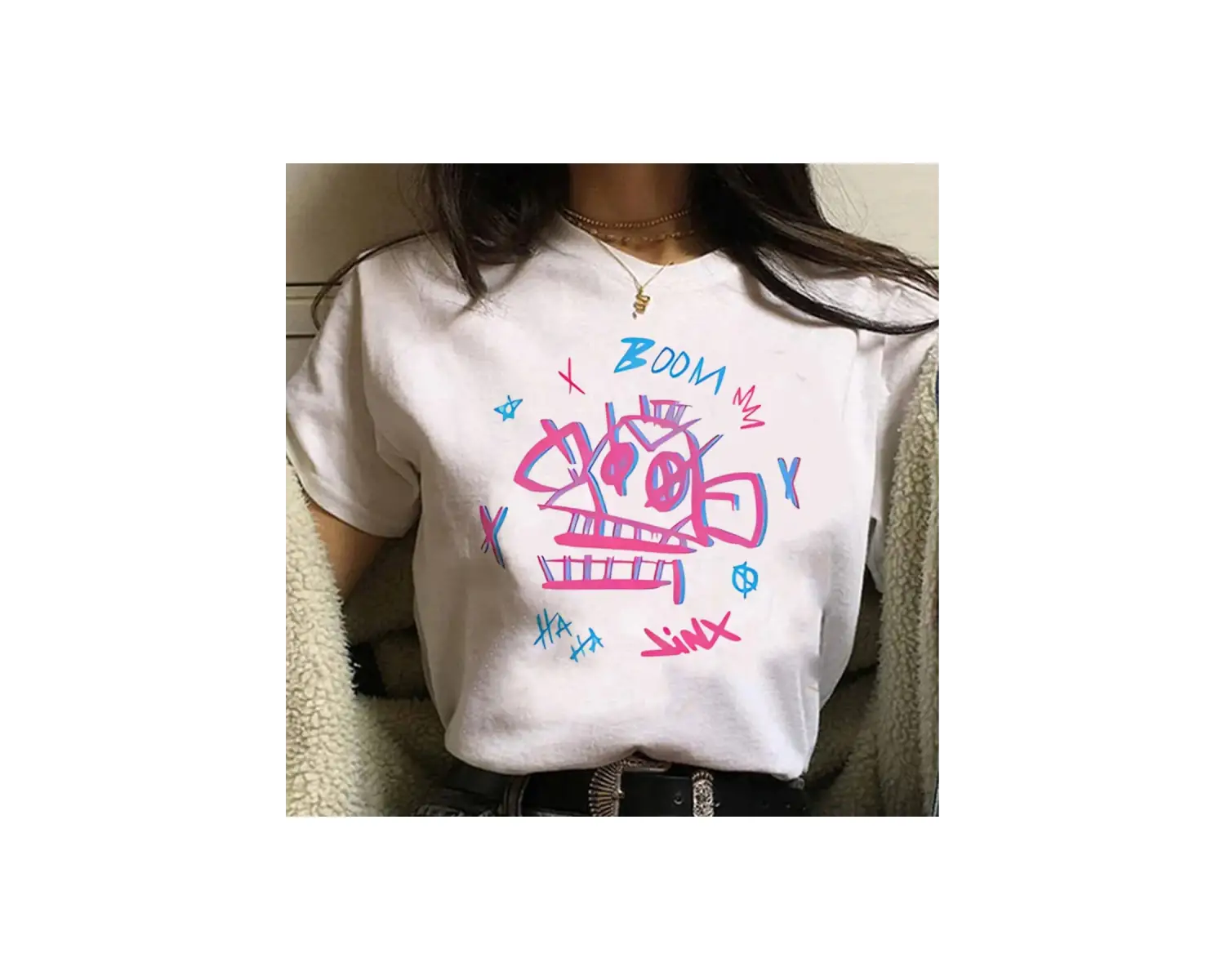 Beyaz Jinx Arcane Maymun Anime Cosplay Tees Unisex Grunge Estetik Ka