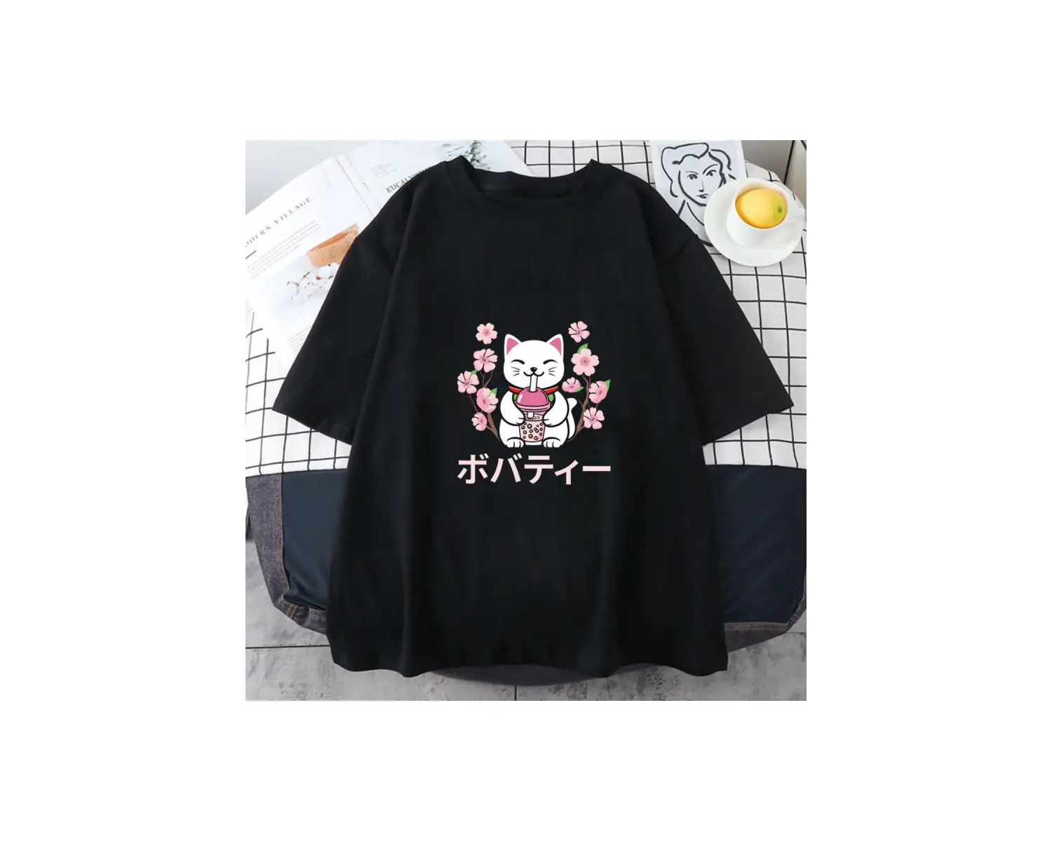 Beyaz Kabarcık Boba Süt Çay Sevimli Kedi Grafik japon animesi anlar Yaz için Tops