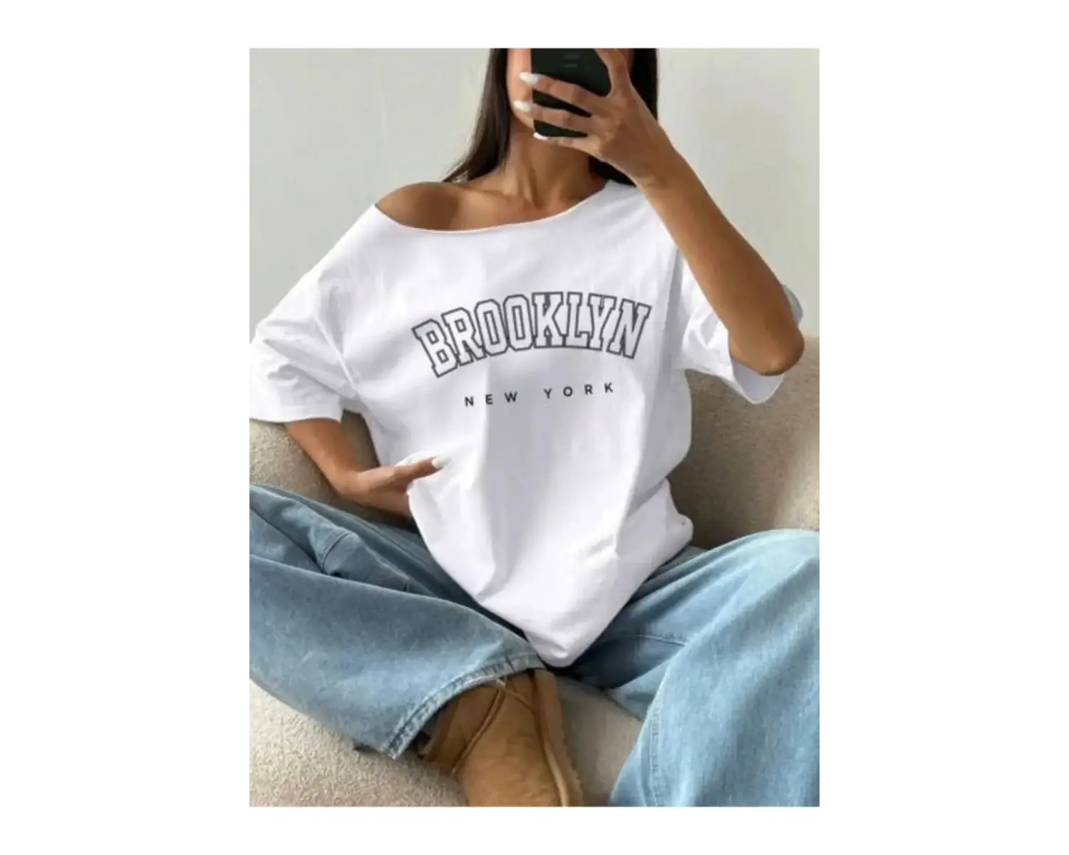 Beyaz Kadın Düşük Omuz Kayık Yaka Baskılı