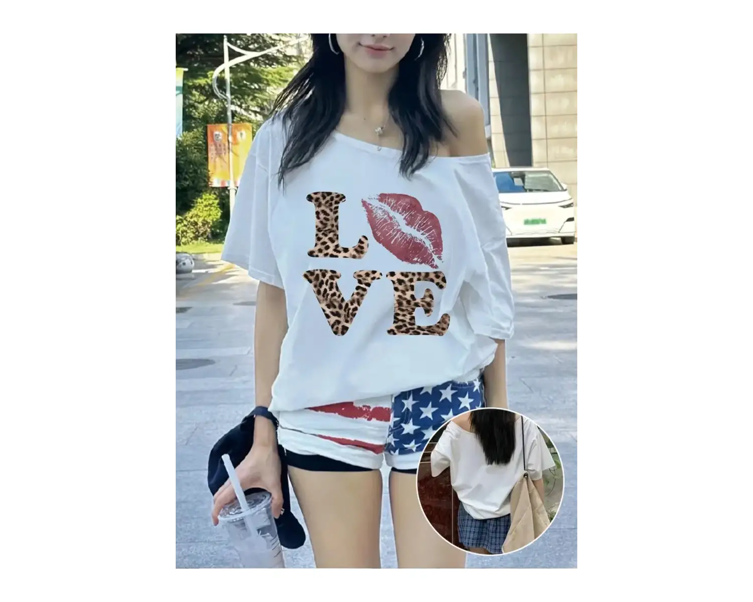 Beyaz Kadın Düşük Omuz Kayık Yaka Baskılı