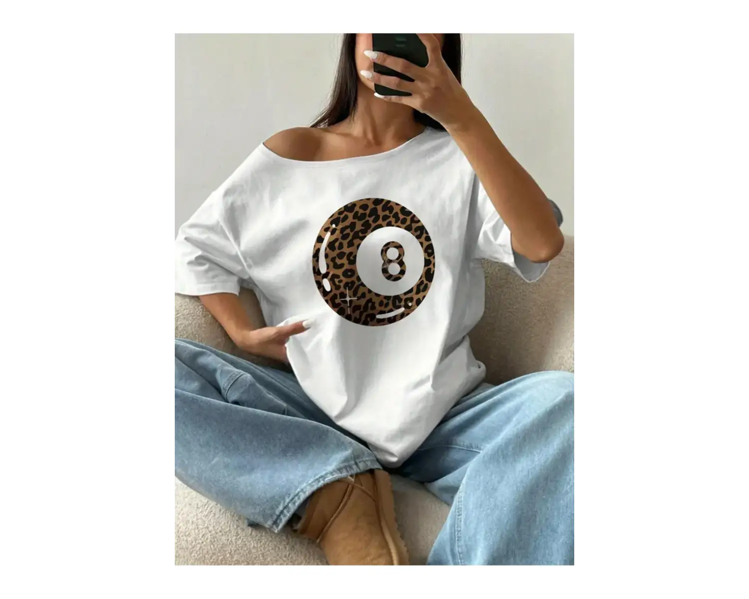 Beyaz Kadın Düşük Omuz Kayık Yaka Baskılı