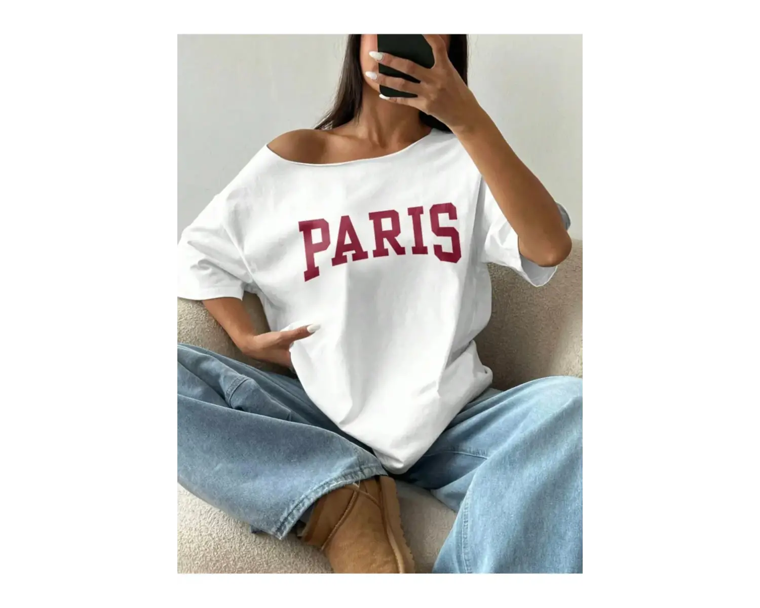 Beyaz Kadın Düşük Omuz Kayık Yaka Baskılı