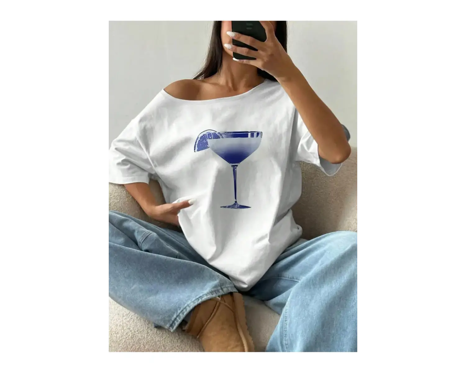 Beyaz Kadın Düşük Omuz Kayık Yaka Baskılı