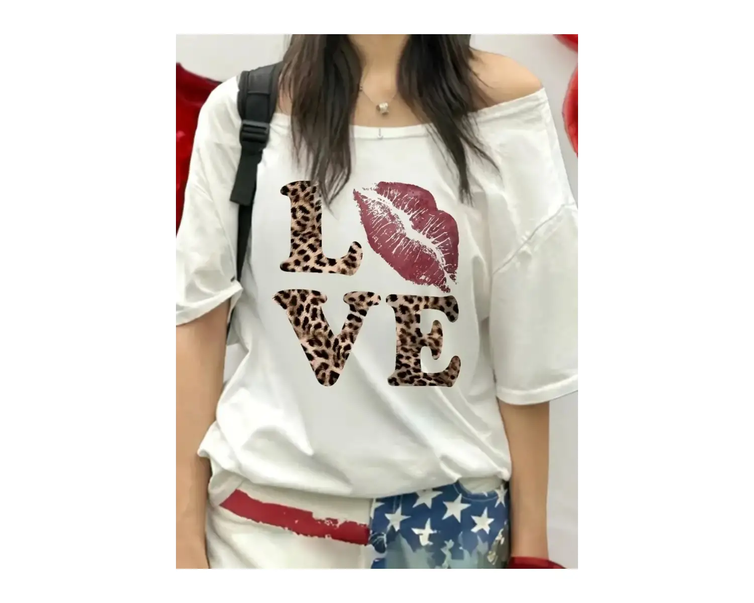 Beyaz Kadın Düşük Omuz Kayık Yaka Baskılı