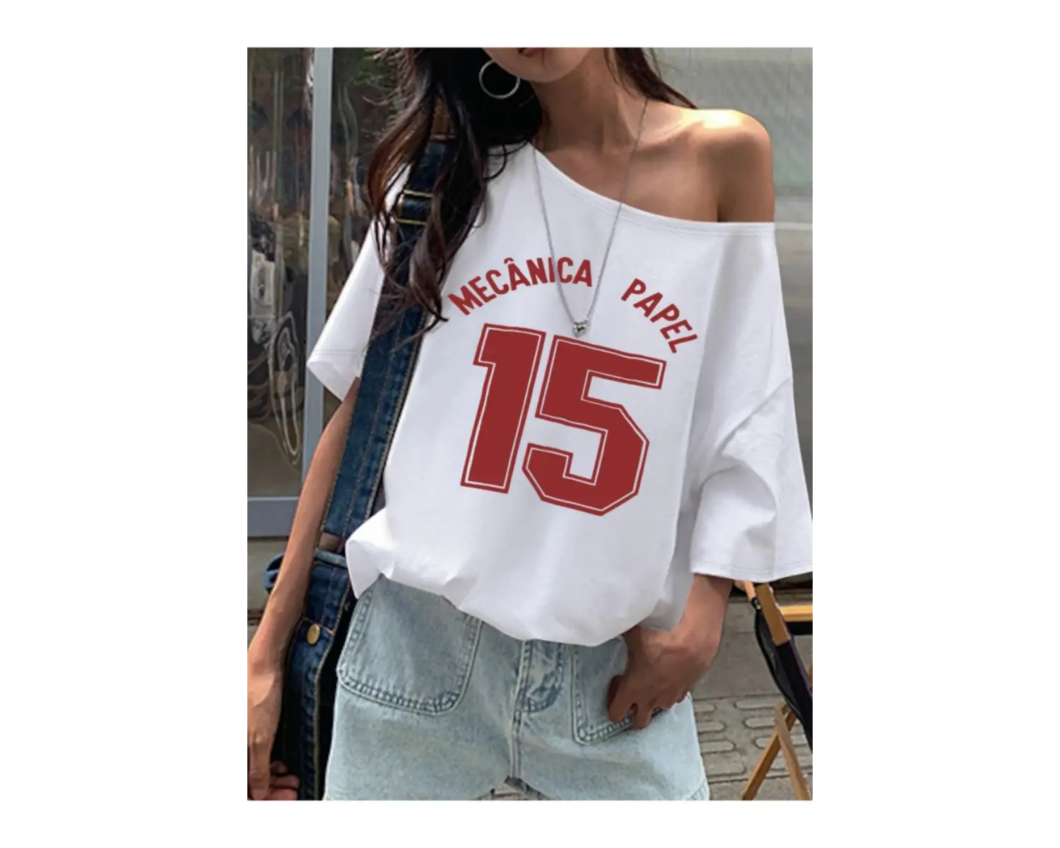 Beyaz Kadın Düşük Omuz Kayık Yaka Papel 15 Baskılı