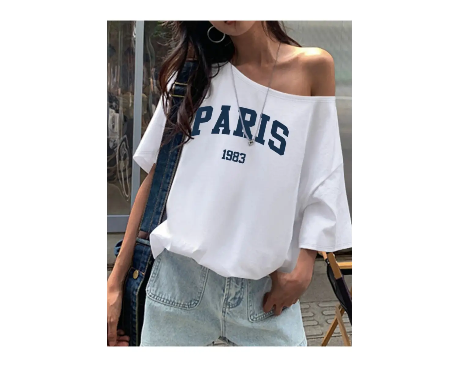 Beyaz Kadın Düşük Omuz Kayık Yaka Paris Baskılı