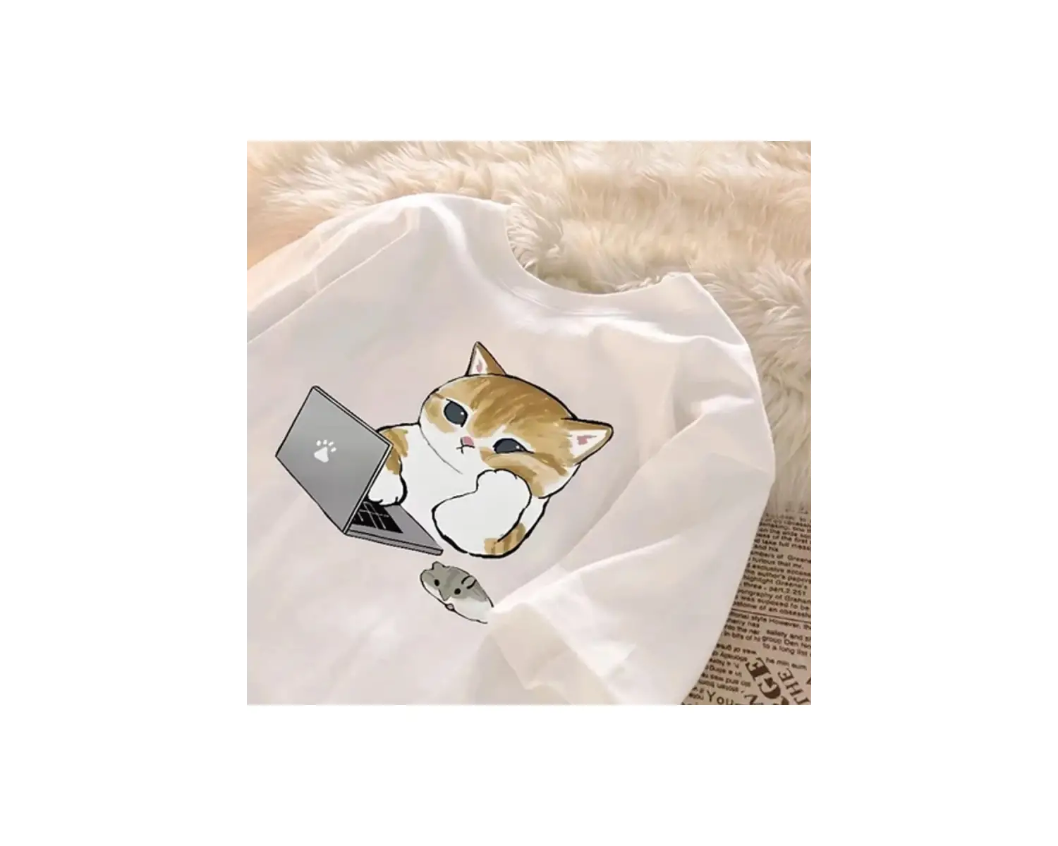 Beyaz Karikatür Anime Çalışma Kedi Baskı Çift Yuvarlak Boyun Yaz Gevşek ka