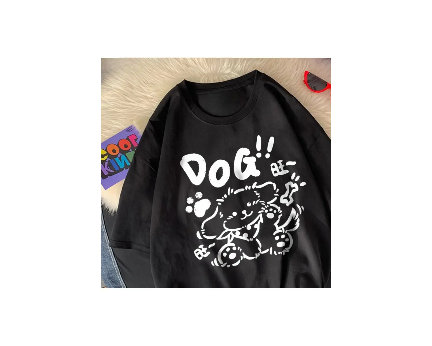 Beyaz Karikatür Baskılar Gevşek O-Boyun Yumuşak Yaz