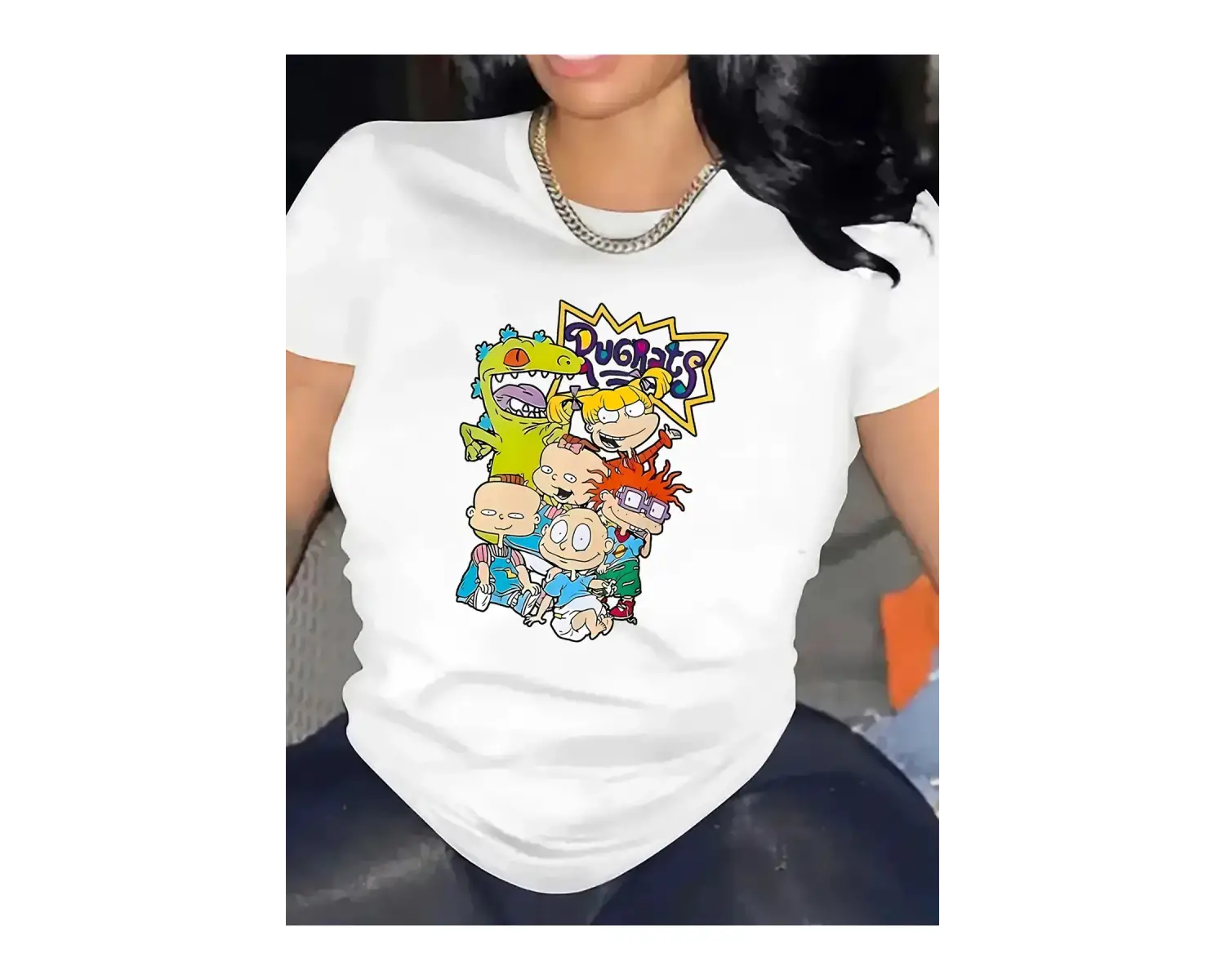 Beyaz Karikatür Grafikli Rugrats Karakterleri Baskı Günlük Bisiklet Yaka Polyester Karışımı S