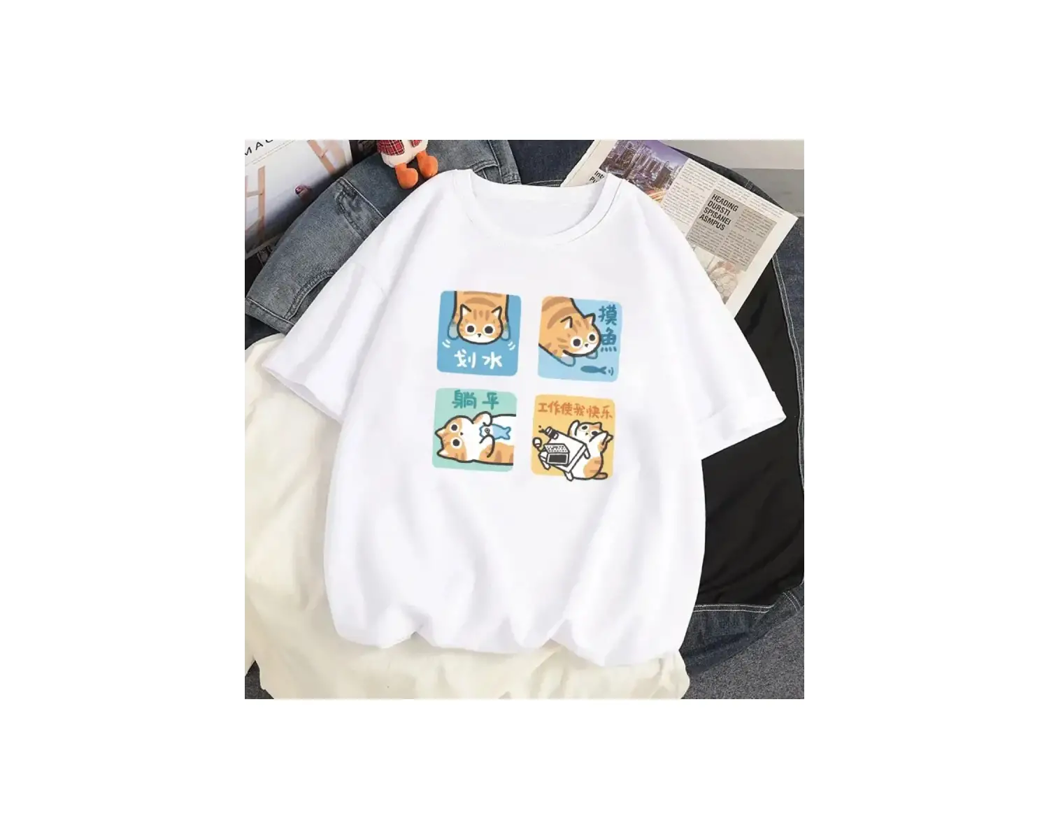 Beyaz Karikatür i Sevimli Kedi Grafik Tee Köpek Baskı