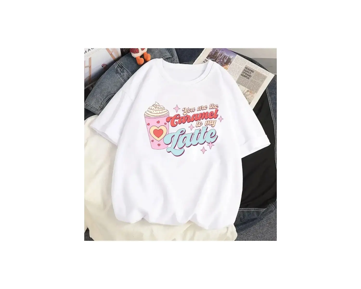 Beyaz Karikatür i Sevimli Kedi Grafik Tee Köpek Baskı