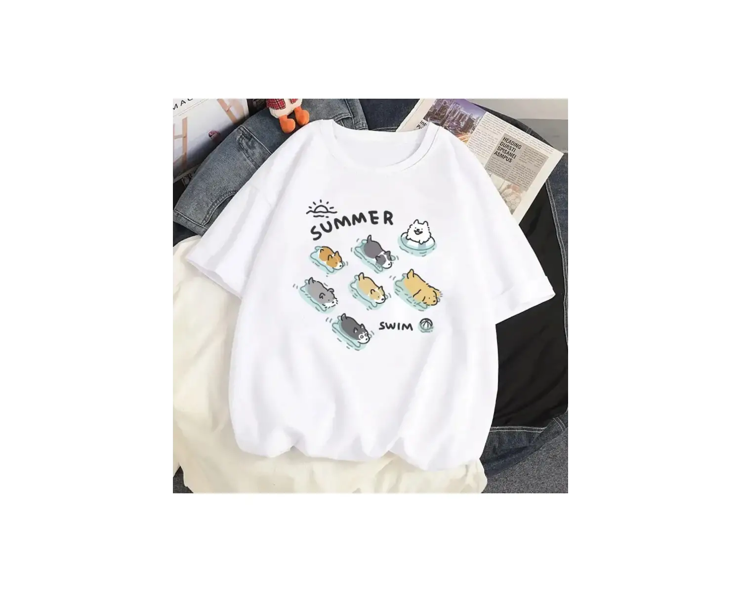 Beyaz Karikatür i Sevimli Kedi Grafik Tee Köpek Baskı