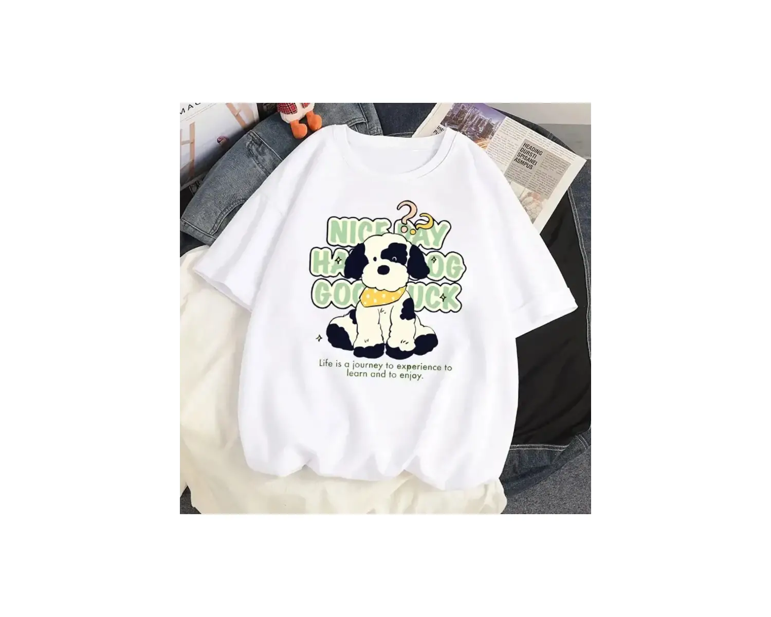 Beyaz Karikatür i Sevimli Kedi Grafik Tee Köpek Baskı