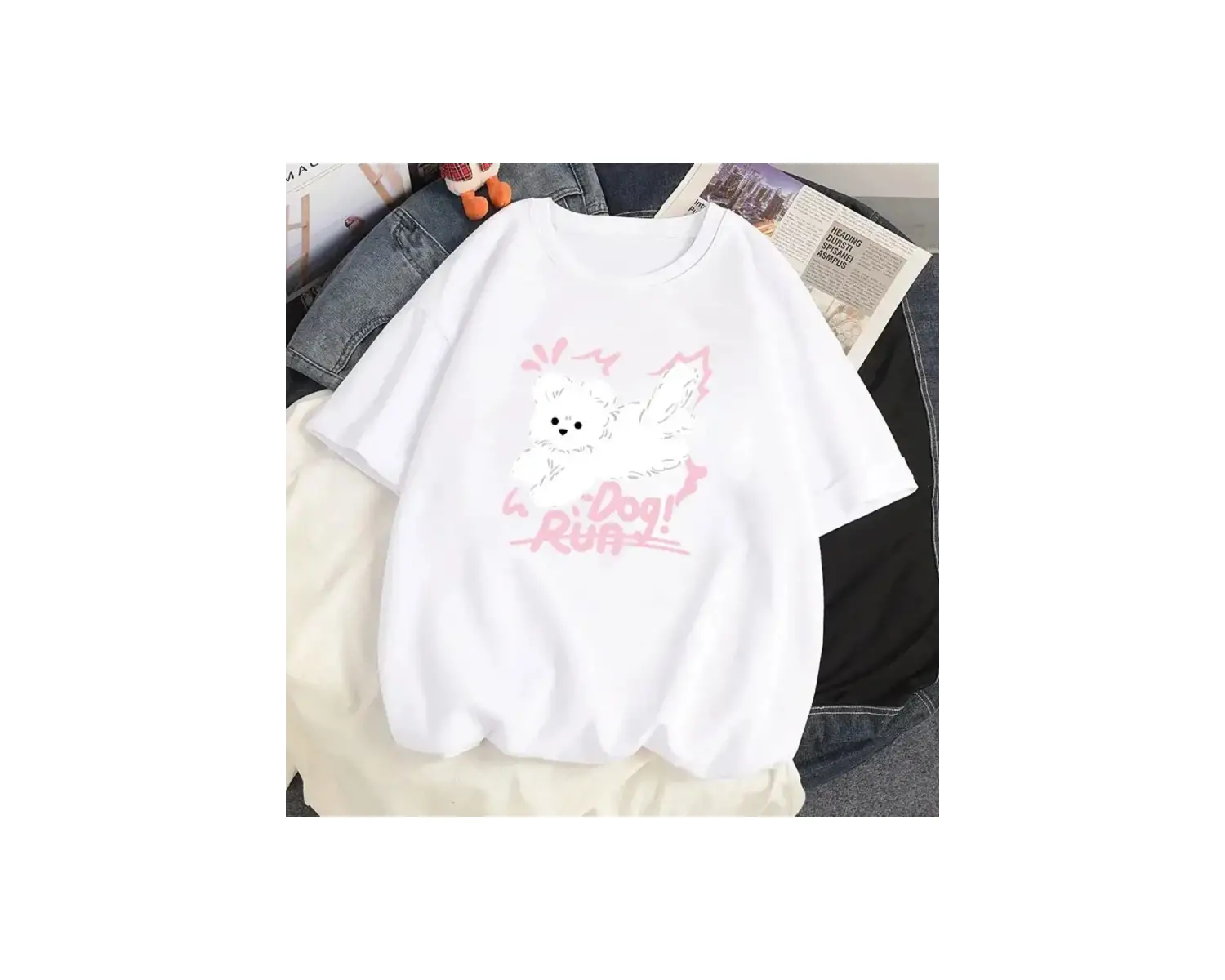 Beyaz Karikatür i Sevimli Kedi Grafik Tee Köpek Baskı