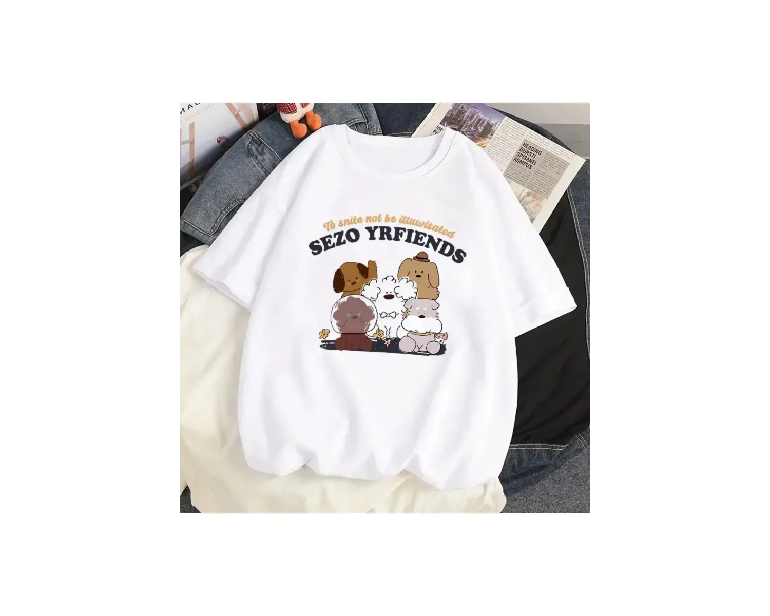 Beyaz Karikatür i Sevimli Kedi Grafik Tee Köpek Baskı