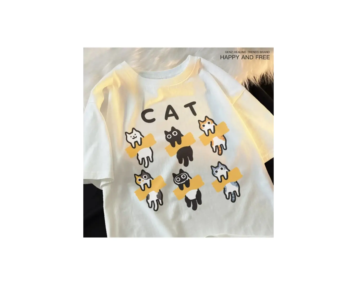 Beyaz Karikatür Sevimli Kedi ve Köpek Desen Eğlenceli Tshirt bol Tees Sokak Serin Kısa