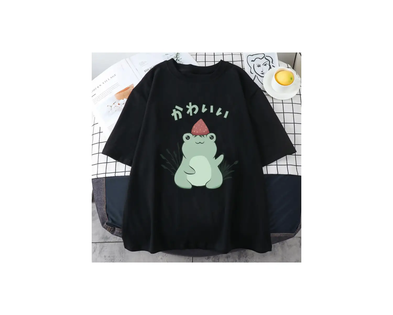 Beyaz Kawaii çilek kurbağa lu yaz karikatür hayvan üstleri ra