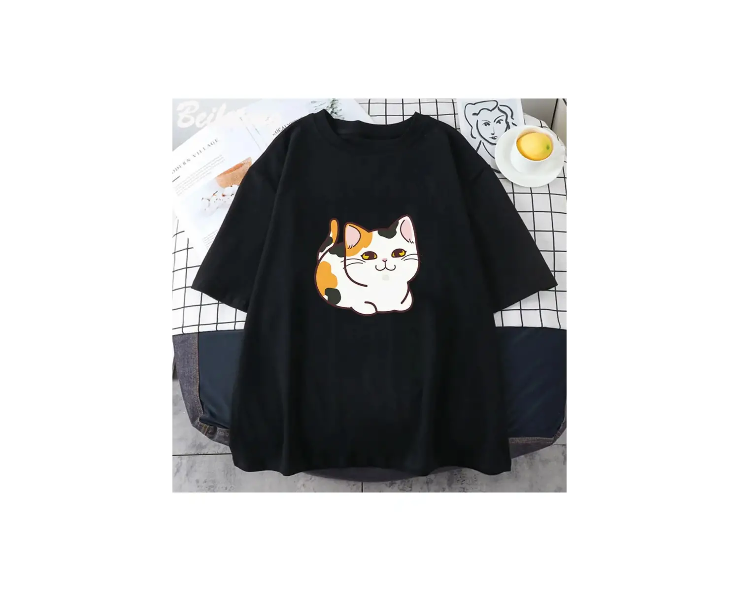 Beyaz Kawaii Patiska Kedi baskılı Estetik Sevimli Karikatür Grafik