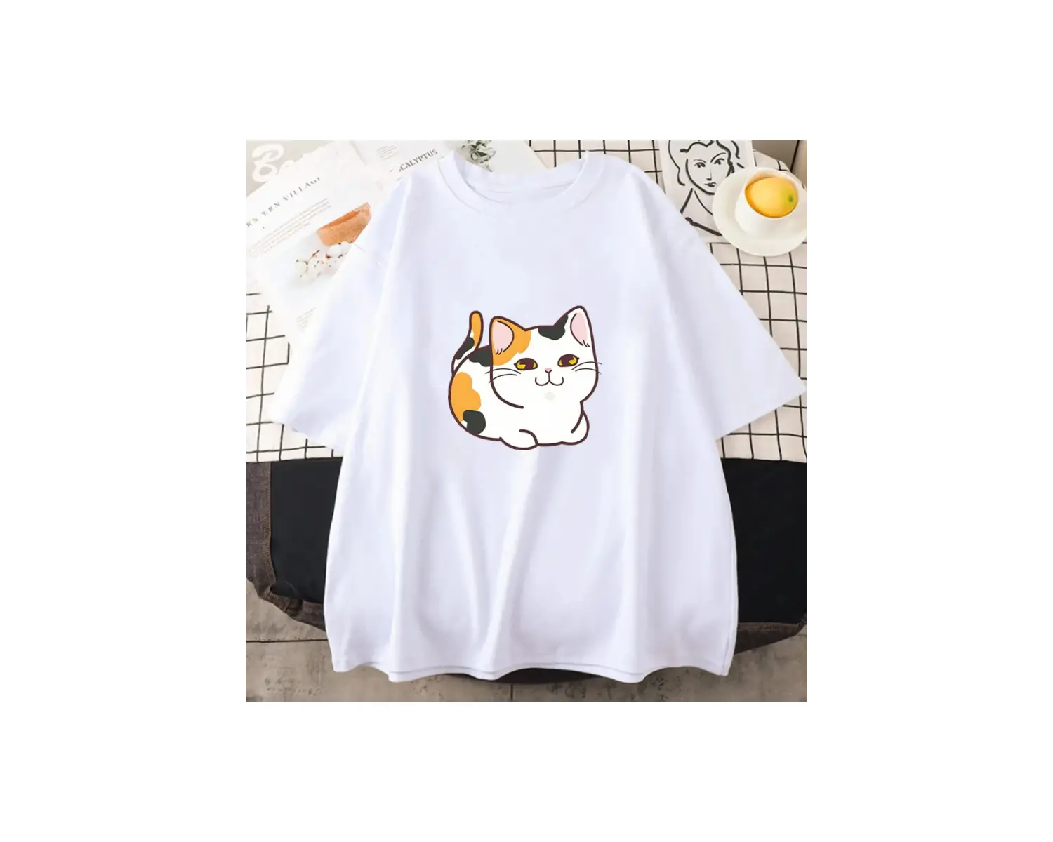 Beyaz Kawaii Patiska Kedi baskılı Estetik Sevimli Karikatür Grafik