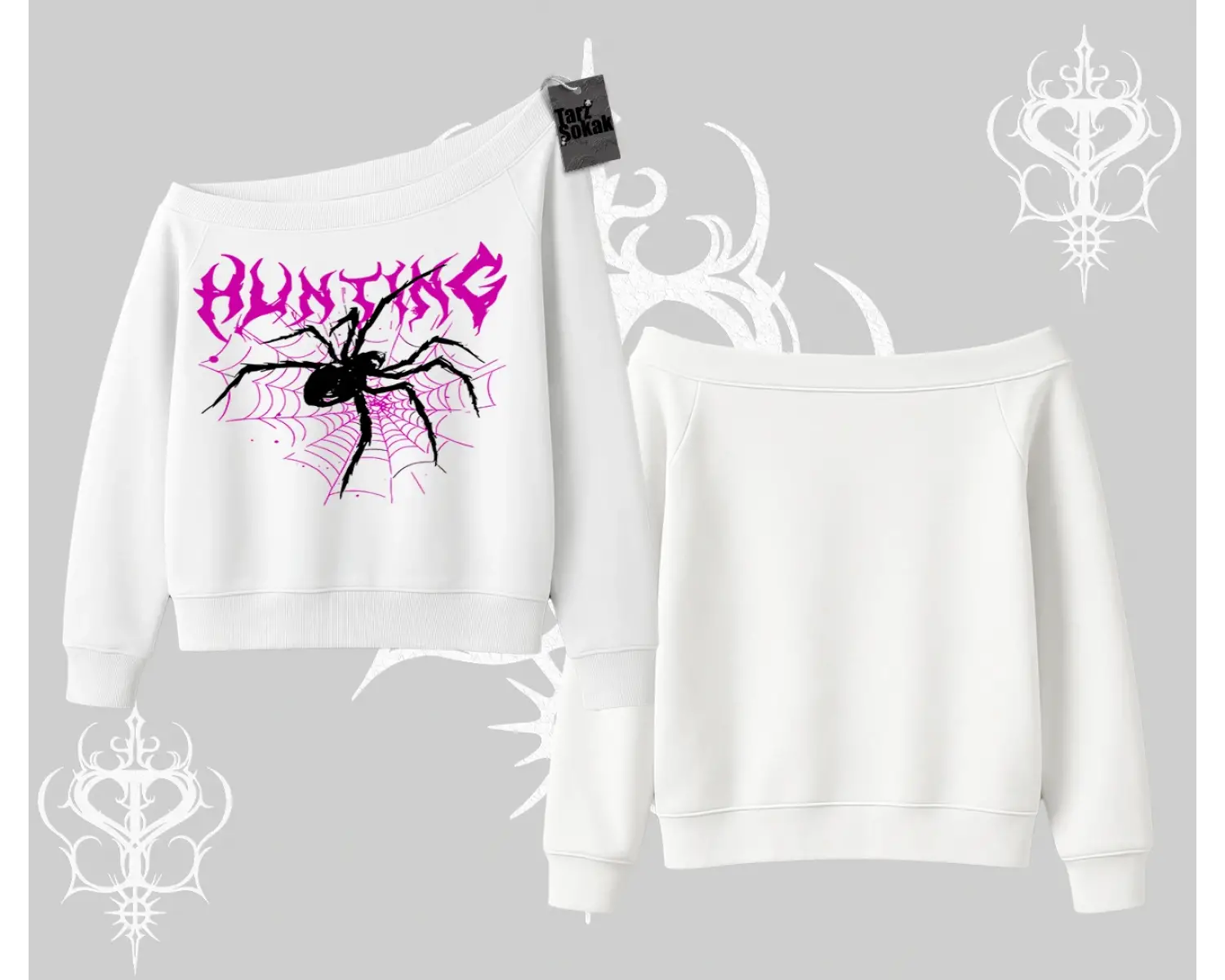 Beyaz Kayık Yaka Sweatshirt Autumn Spider