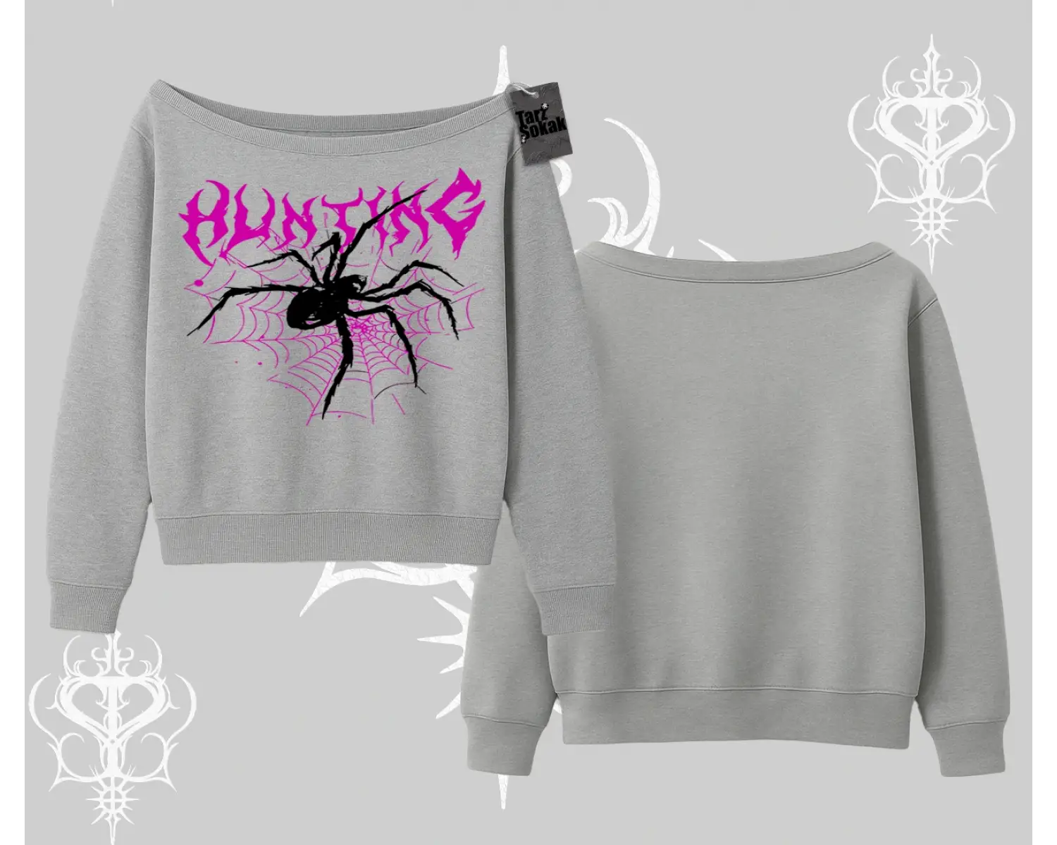 Beyaz Kayık Yaka Sweatshirt Autumn Spider