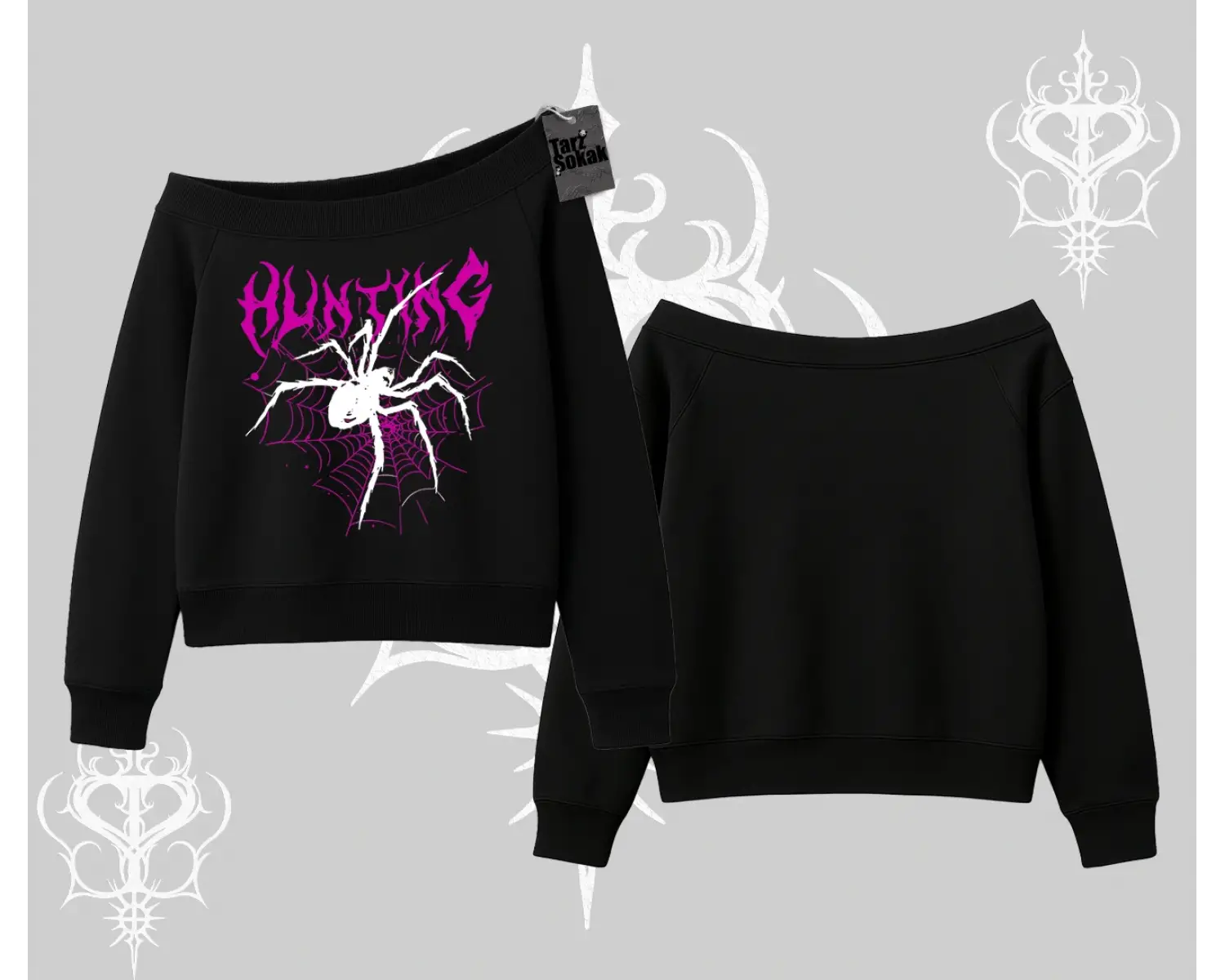 Beyaz Kayık Yaka Sweatshirt Autumn Spider