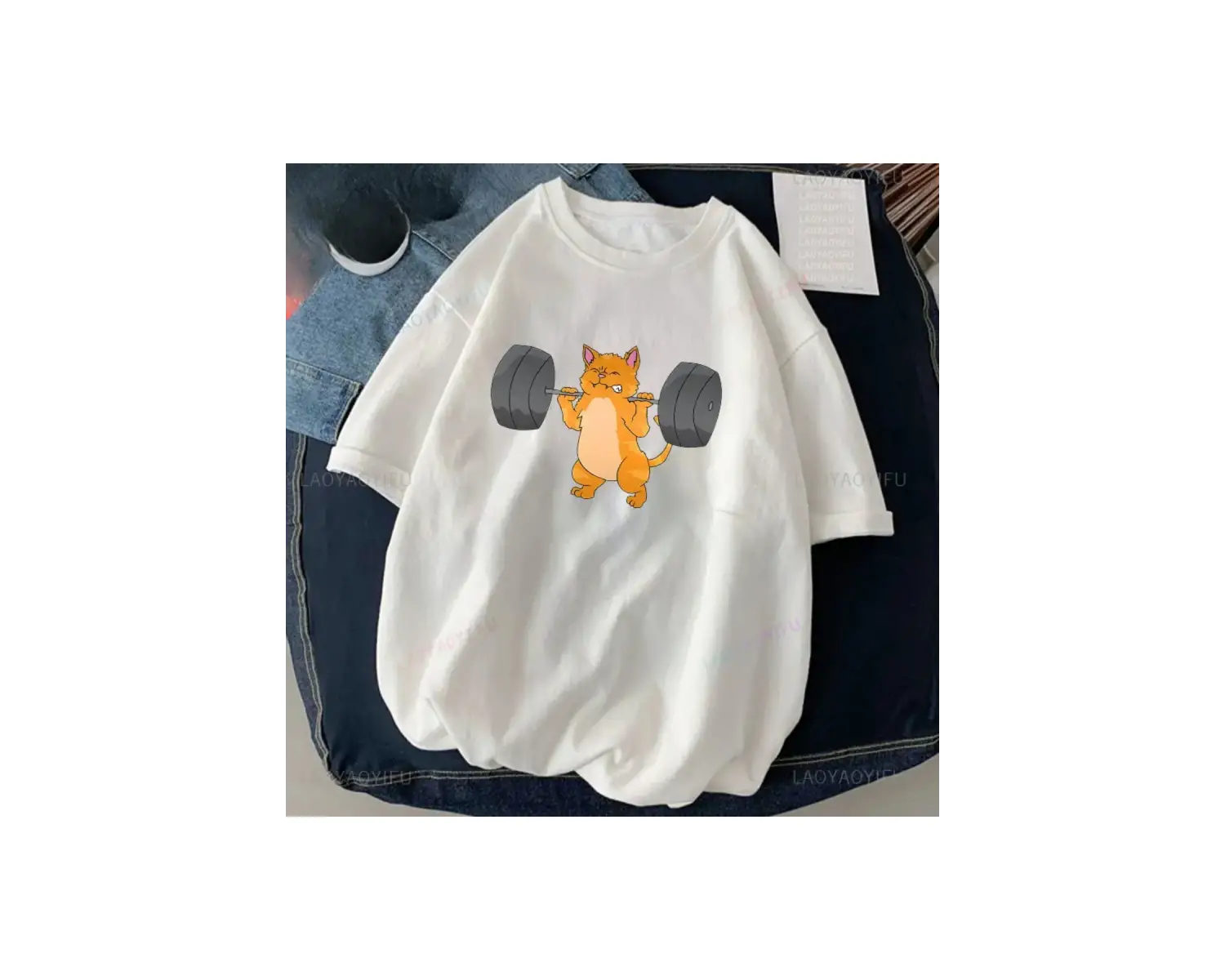 Beyaz Kedi Halter baskılı Çalışma Komik Spor Salonu Tasarım Etiket Grafik li T