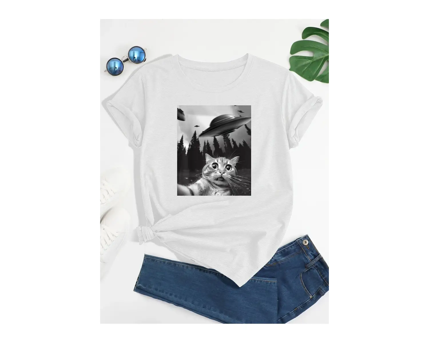 Beyaz Kedi ve UFO Baskılı Bisiklet Yaka , İlkbahar ve Yaz İçin Günlük , Kadı