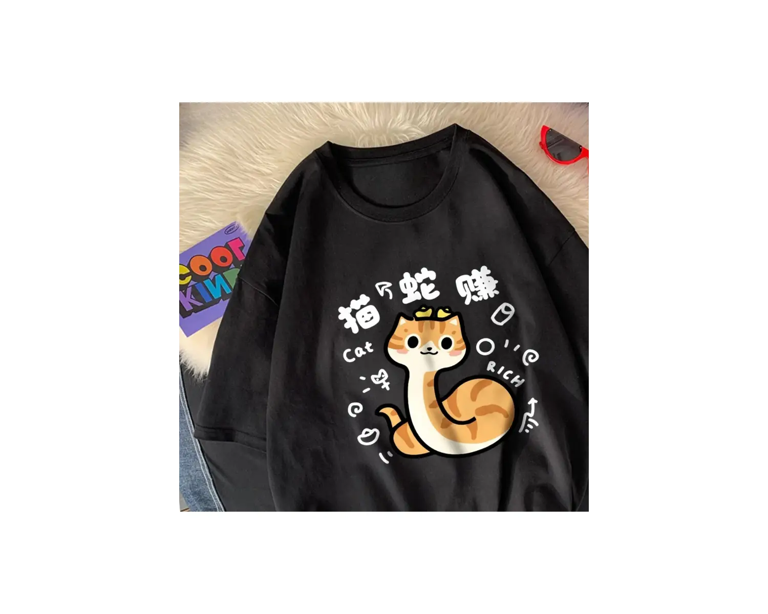 Beyaz Kedi ve Yılan an Karikatür Baskı Yumuşak O-Boyun Yaz Giys