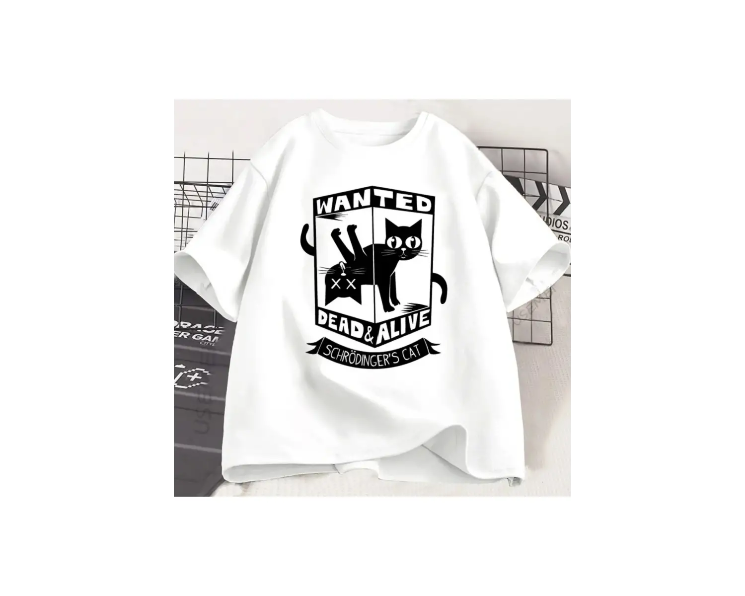 Beyaz Komik Siyah Kedi Gevşek Tshirt Baskılı Yuvarlak Boyun Kedi Sevgilisi