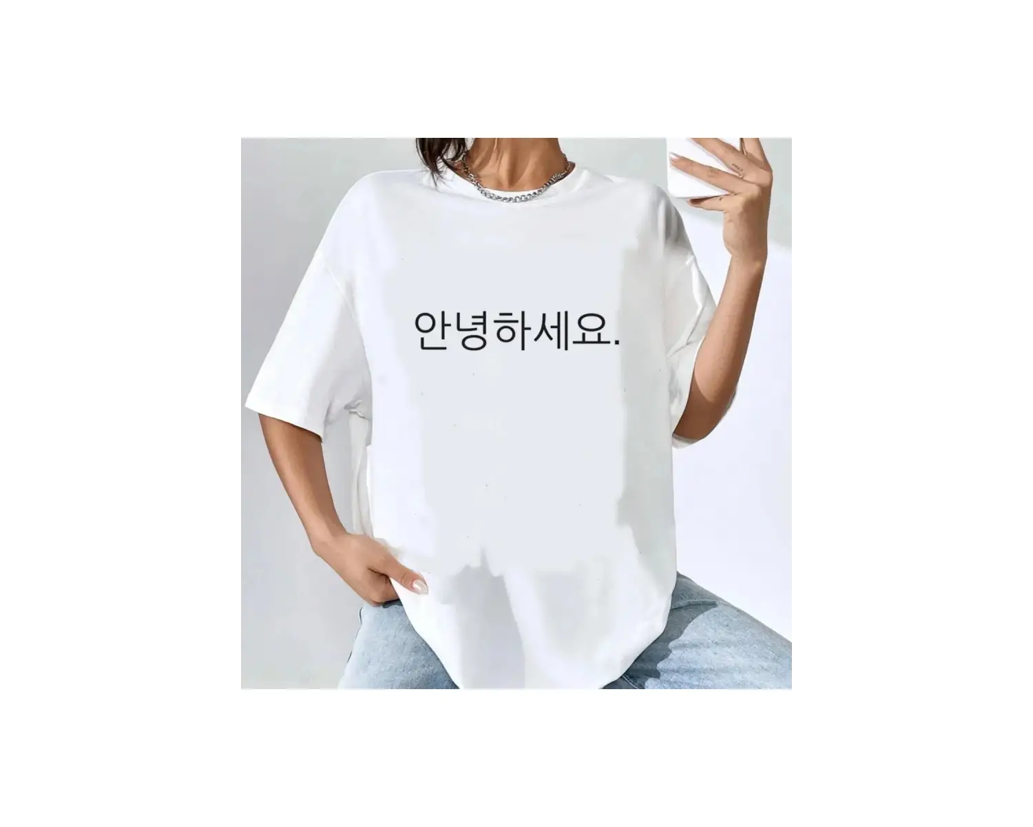 Beyaz Kore Baskılı Retro Tarzı Baskı Gevşek Yaz Yuvarlak Boyun Üst Spor Yum