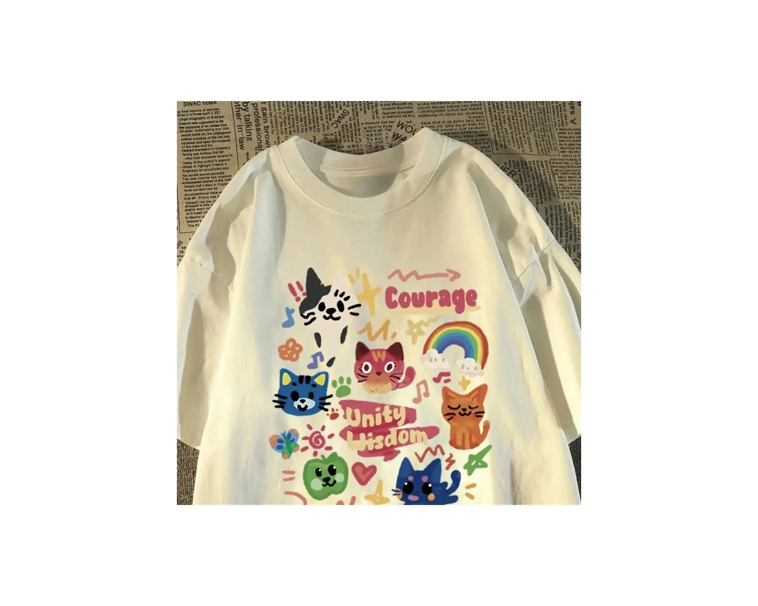 Beyaz Kore Retro Sevimli Kedi ler için Gevşek Yuvarlak Boyun Yaz