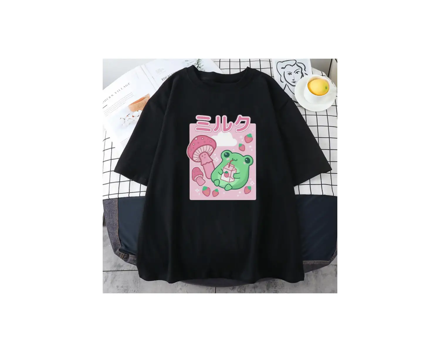 Beyaz Kurbağa Çilek İçecek Mantar Karikatür Taze Yeşil Tarzı Tops Loose100 Yaz Haraj