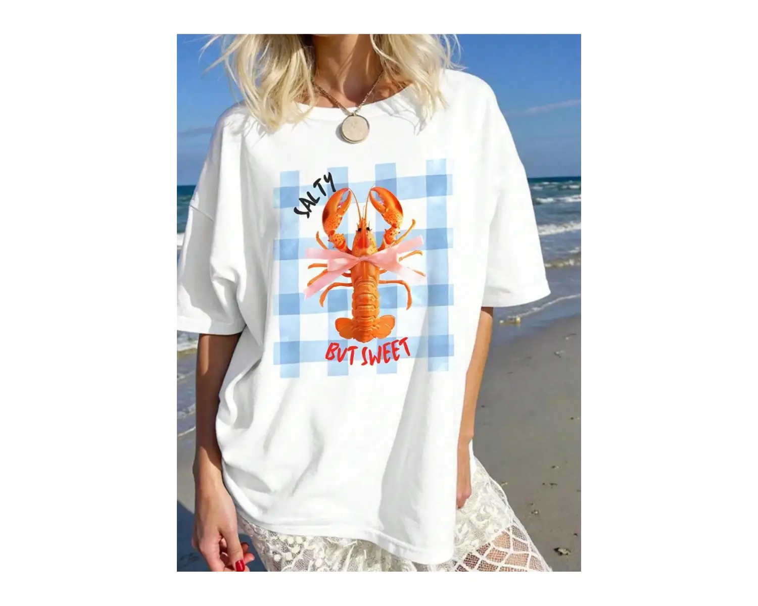 Beyaz Mavi Ekose Istakoz Papyon Mektup Desen Baskı Retro Eğlenceli Unisex Vintage Est