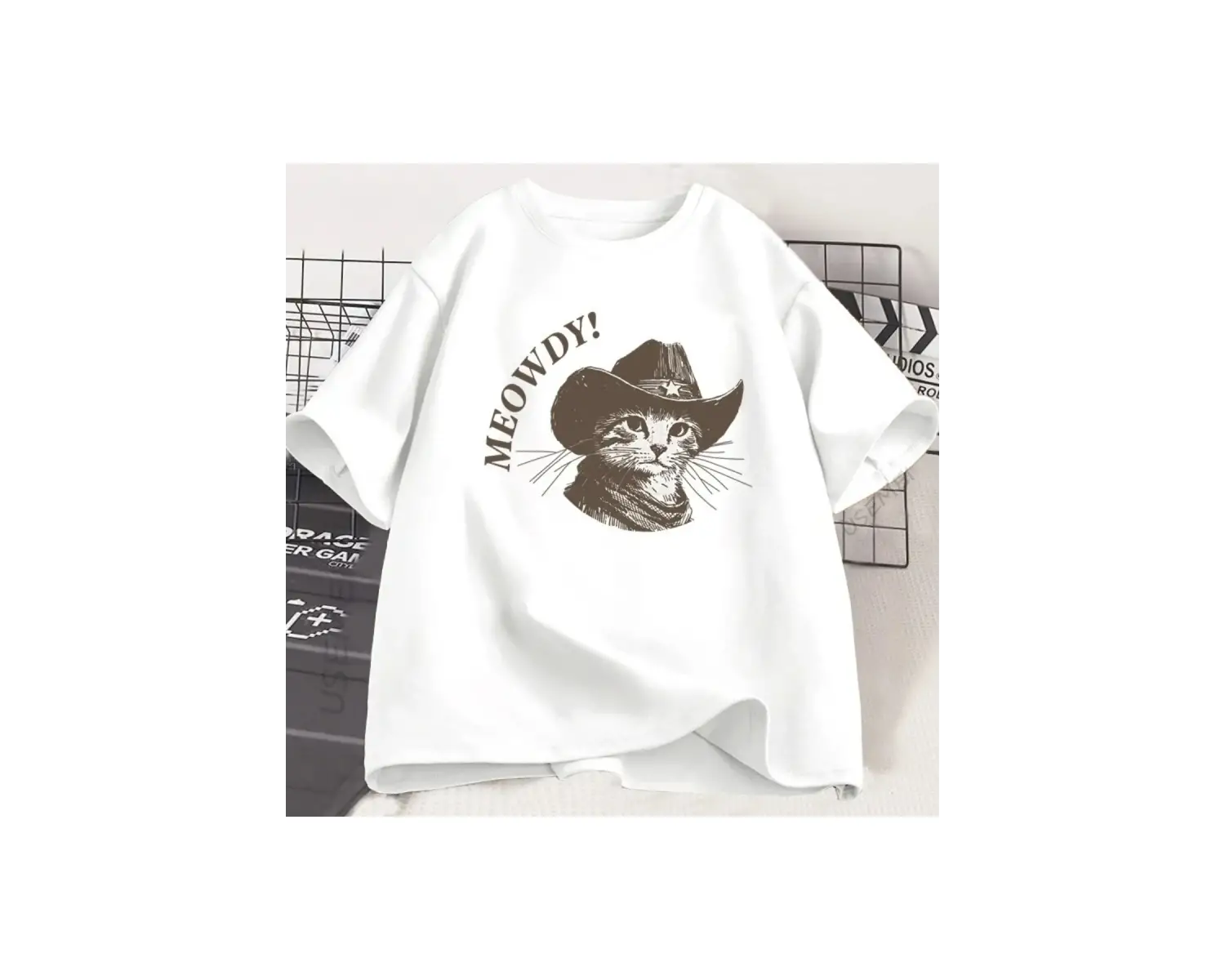 Beyaz Meowdy Kovboy Kediler Vintage Kovboy Kedi 90s Komik Sevimli Yavru Kedi