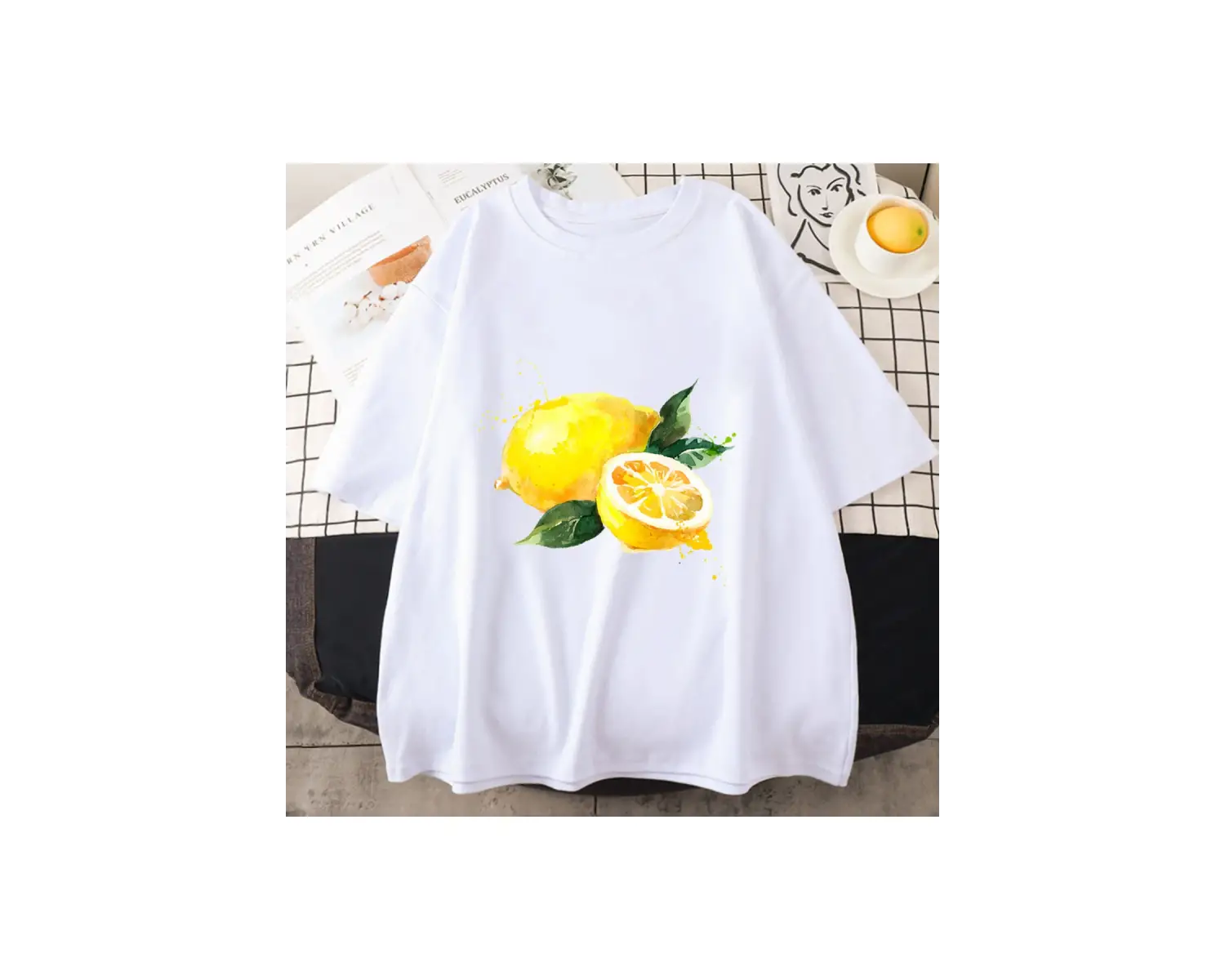 Beyaz Meyve nar Harajuku karikatür limon baskı beyaz eğilim o-boyun anlar rah