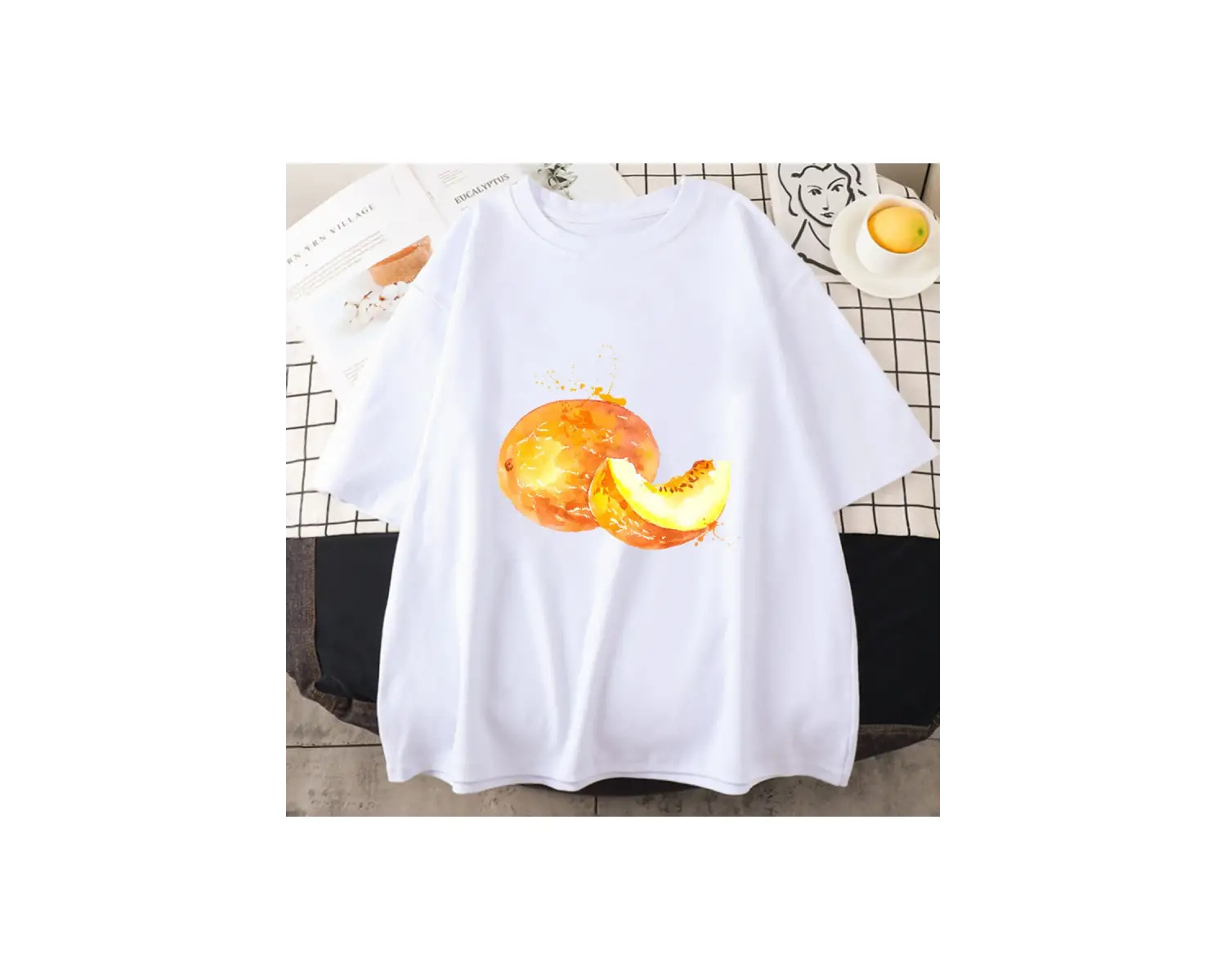 Beyaz Meyve nar kavun baskı lu üstleri gevşek o-boyun Tees