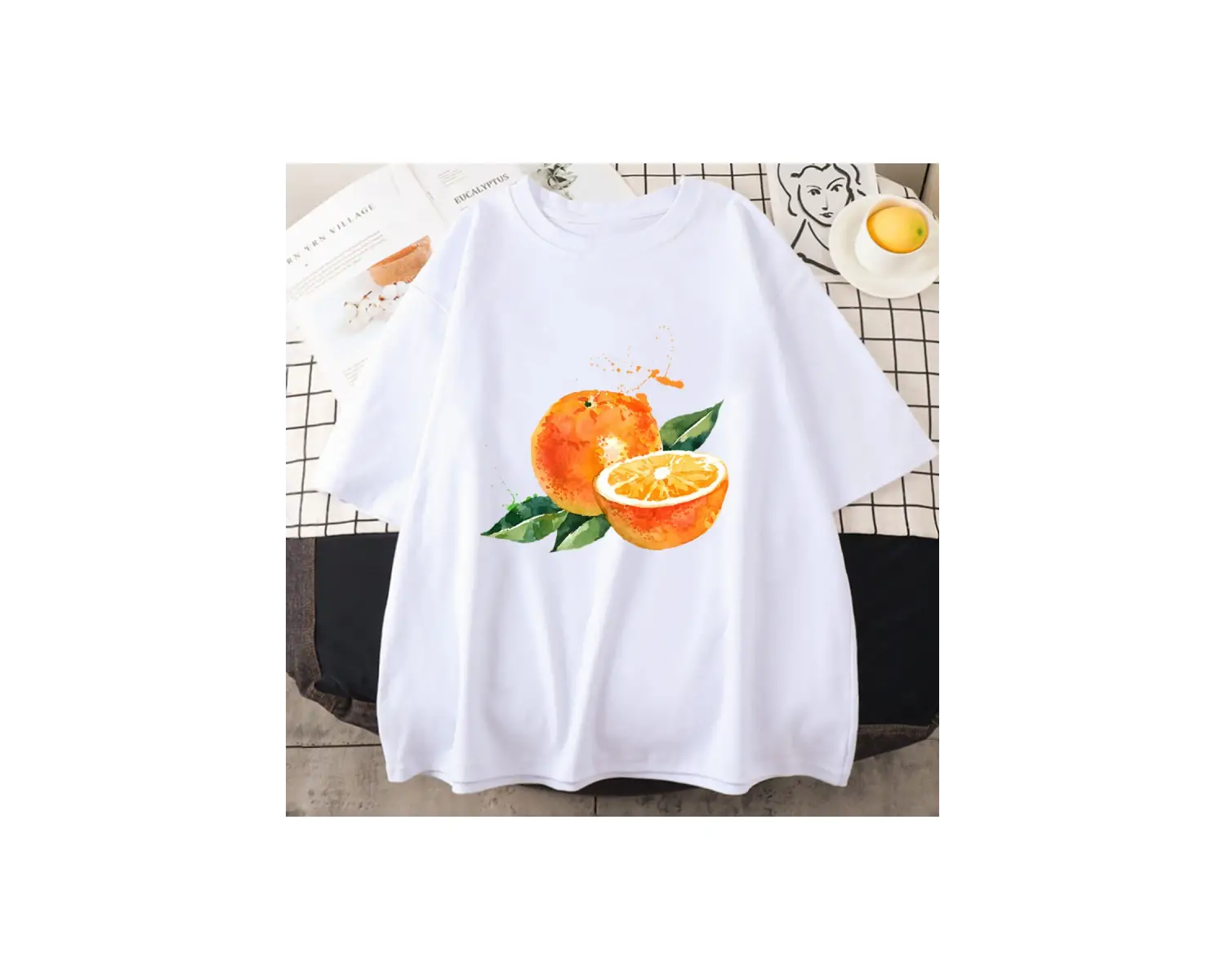 Beyaz Meyve nar turuncu Harajuku Tshirt Kawaii bahar ve yaz kısa kol